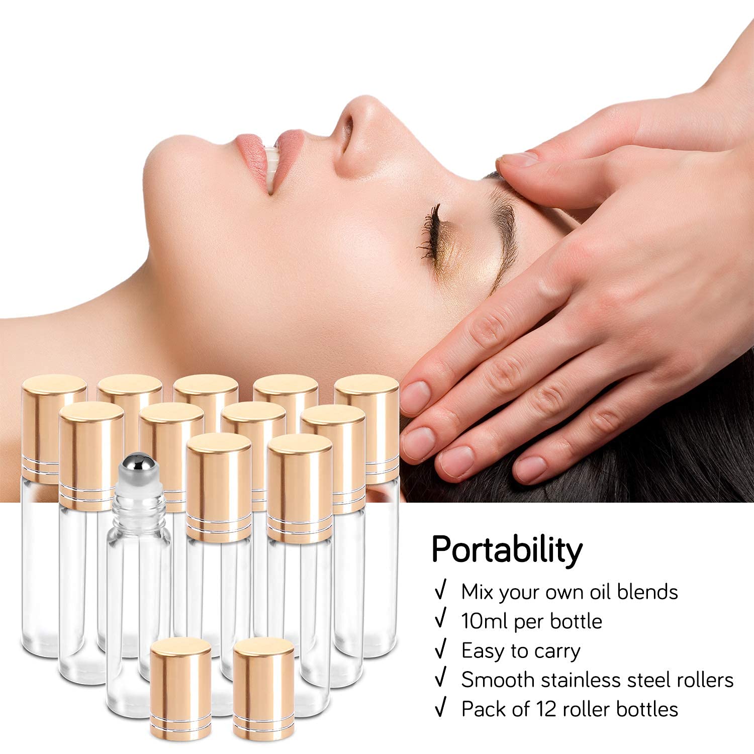 PrettyCare Essential Oil Roller Bottles 10ml (Clear Glass Bottle with Gold Cap  12 Pack  2 Extra Stainless Steel Balls  24 Labels  Opener  Funnels for Oils  Roller on Bottles
