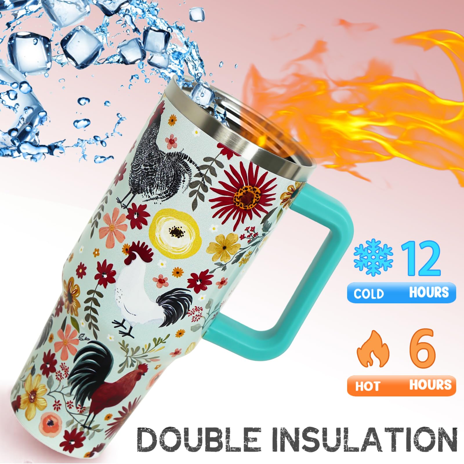 Nqhsionv Chicken Tumbler with Handle and Straw 40 oz Chicken Floral Cup Rooster Coffee Travel Mug Stainless Steel Insulated Wate
