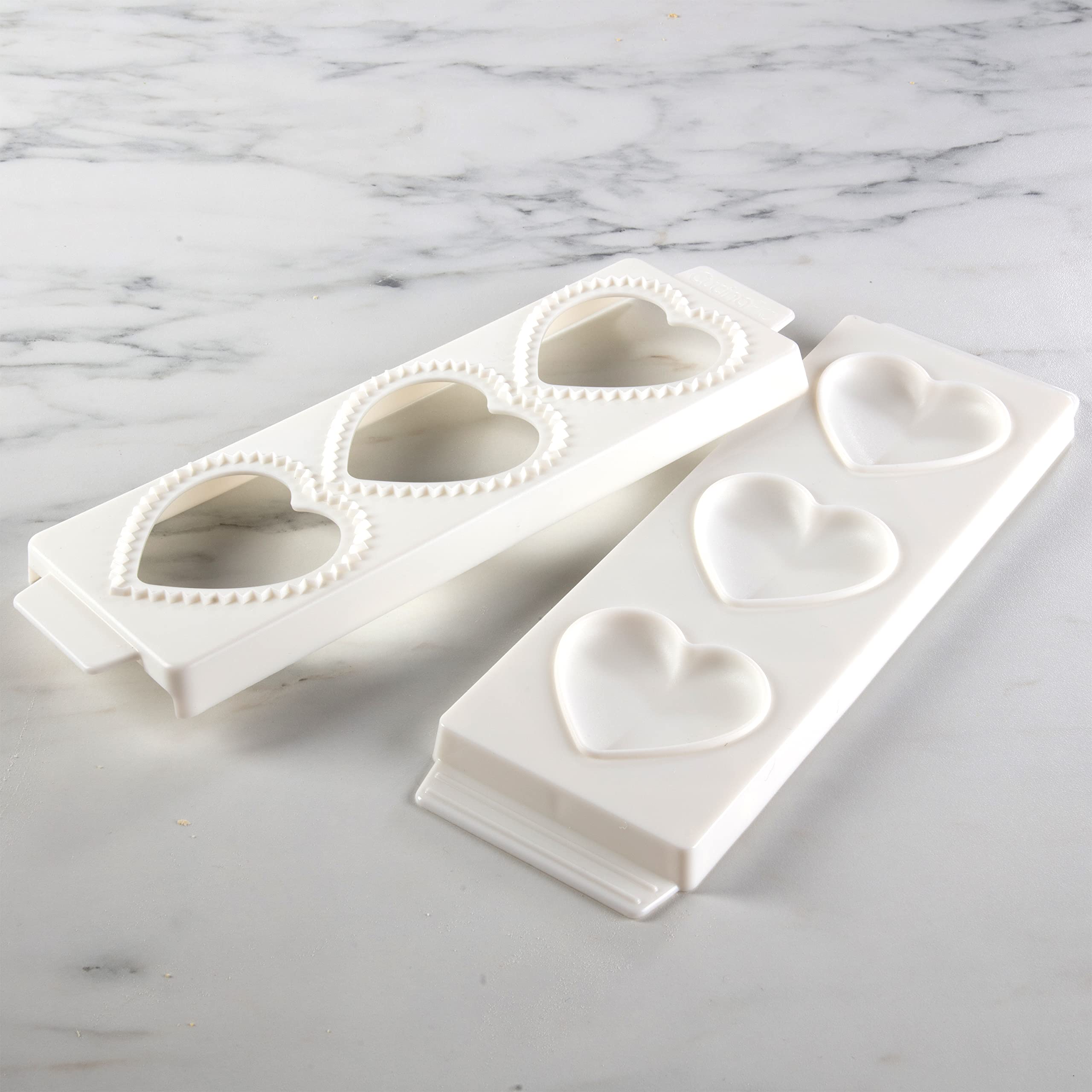 Jumbo 3'' Heart Ravioli Molds- Homemade Filled Pasta Maker- 2 Piece Tray & Press Makes 3 Large Italian Raviolis At A Time, Easy