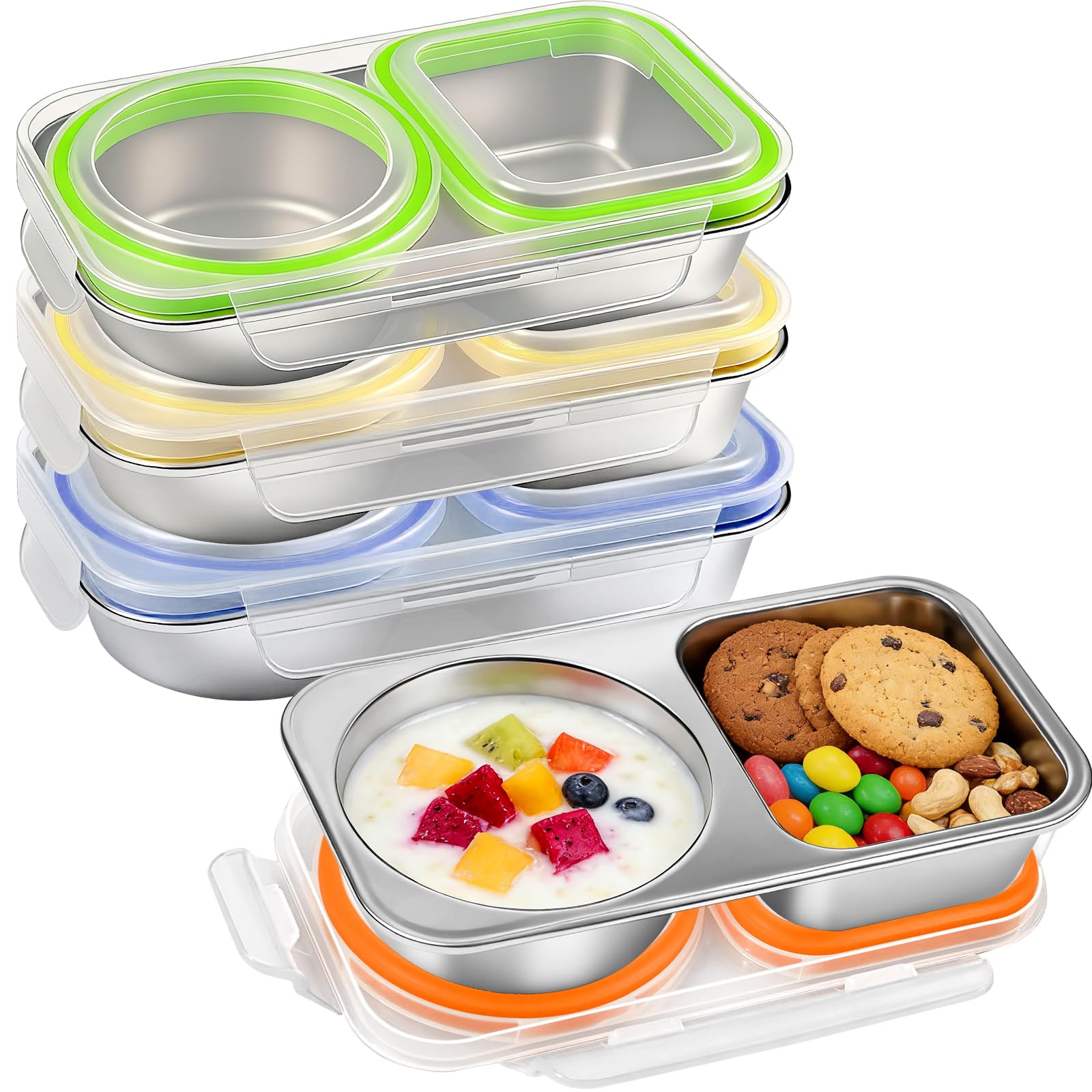 Fruiid 4 Pack Stainless Steel Snack Containers With Lids, 13Oz 2 Compartment Reusable Snack Boxes, Leakproof Metal Bento Lunch B