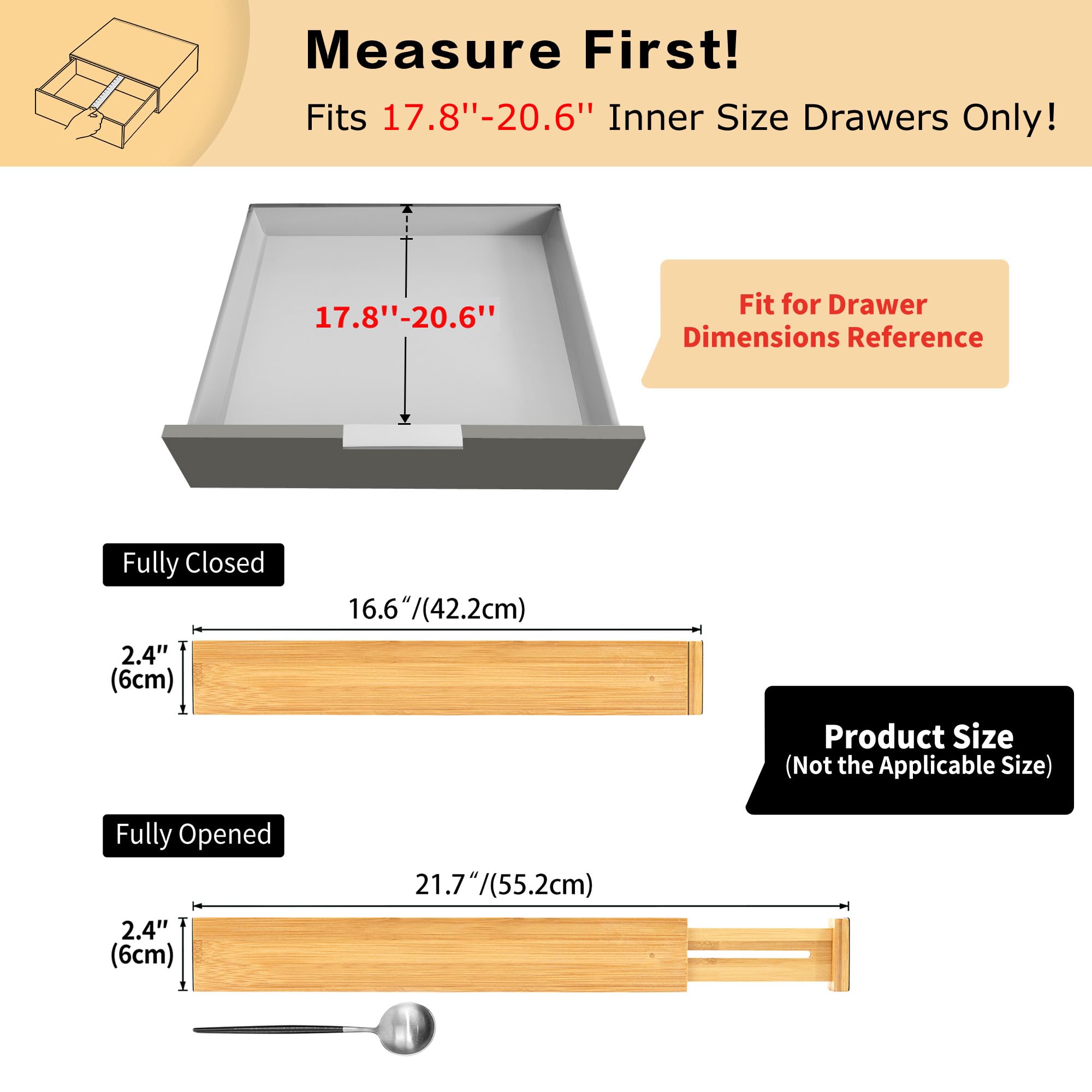 Utoplike 4 pcs Bamboo Kitchen Drawer Dividers(166-217IN),Adjustable Drawer Organizers,Spring Loaded,Works in Kitchen,Dresser,Bat
