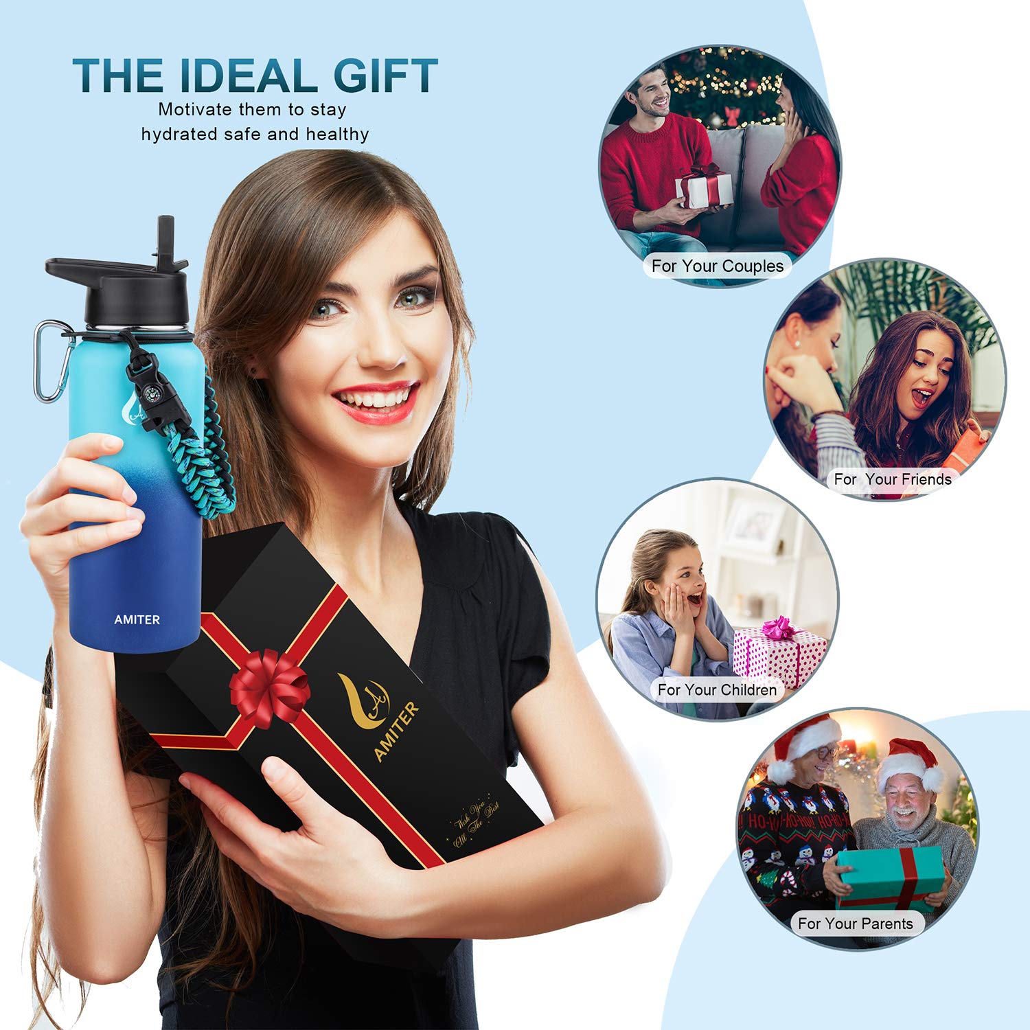 Amiter Insulated Bottle With Straw & Spout Lid, Wide Mouth Stainless Steel Water Bottles With Paracord Handle - 22Oz, 32Oz, 40Oz