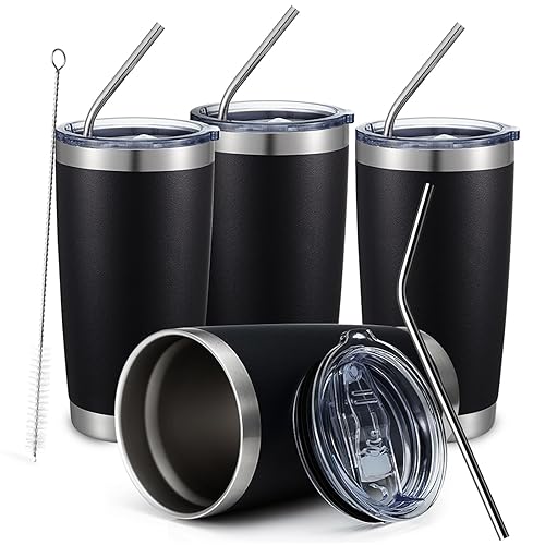 Comooo 20Oz Black Tumbler 4 Pack Stainless Steel Insulated Travel Mug With Lid And Straw Vacuum Double Wall Coffee Cup For Hot B