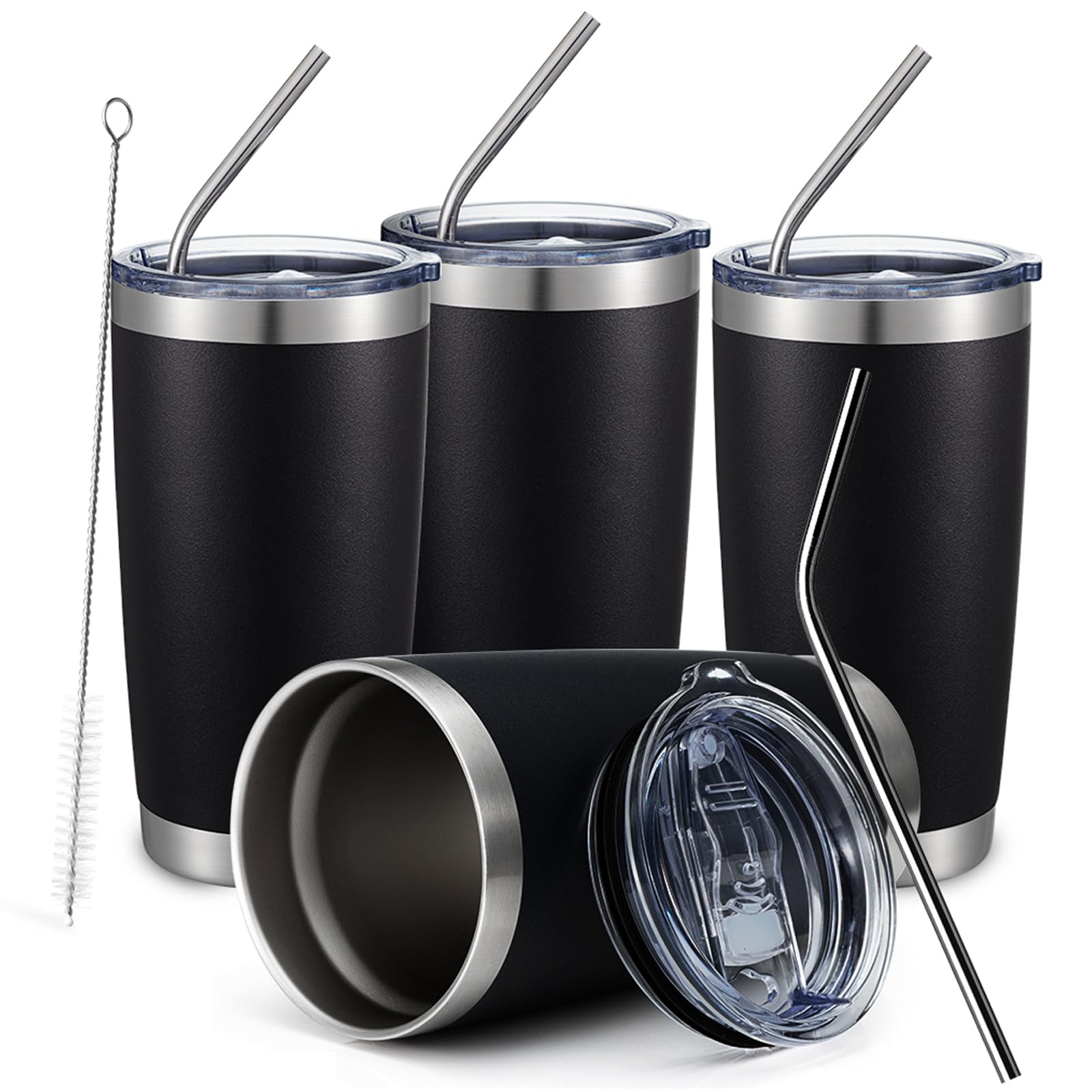 Comooo 20Oz Black Tumbler 4 Pack Stainless Steel Insulated Travel Mug With Lid And Straw Vacuum Double Wall Coffee Cup For Hot B