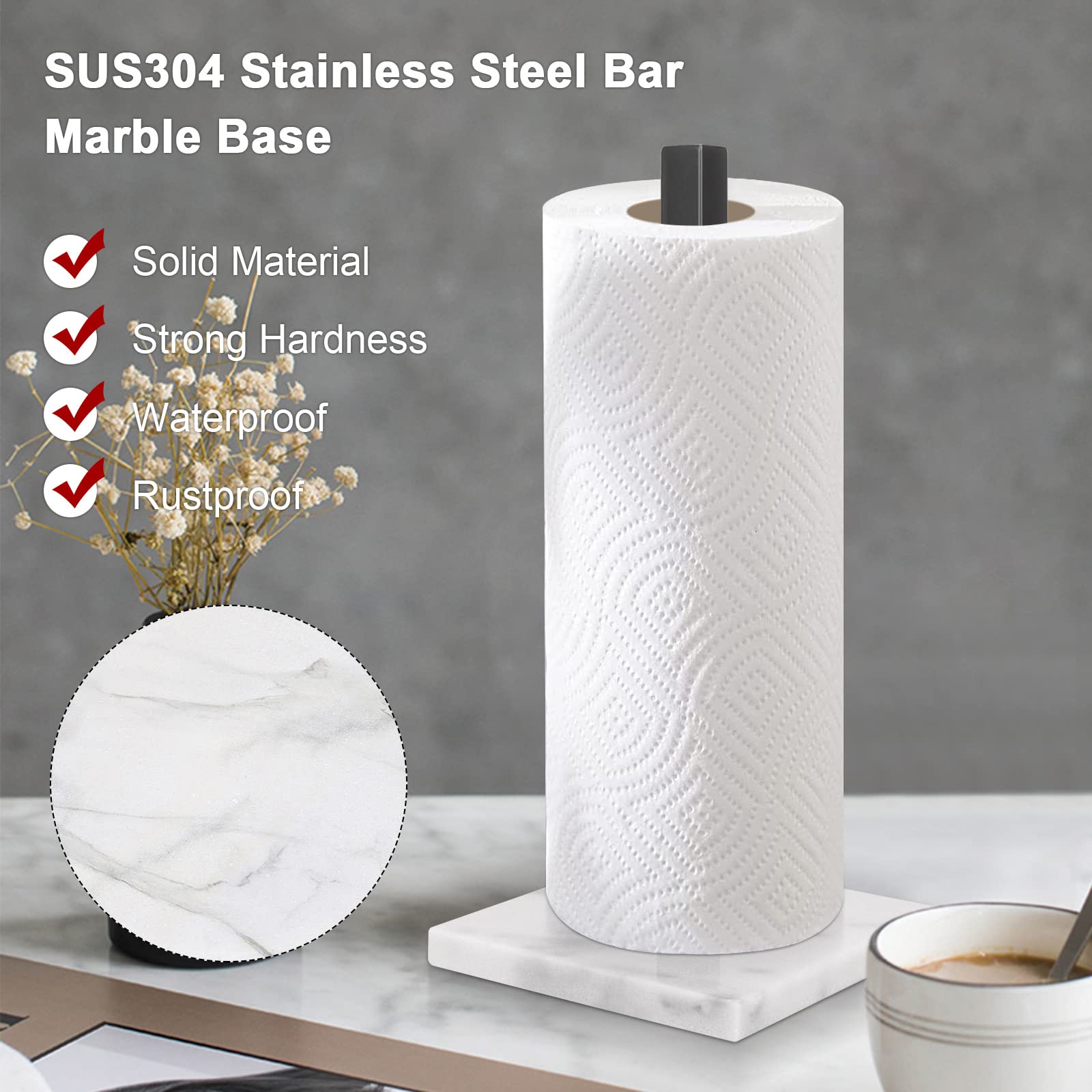 Nearmoon Standing Paper Towel Holder, Stainless Steel Square Paper Towel Roll Holder With Marble Base For Bathroom Kitchen Count