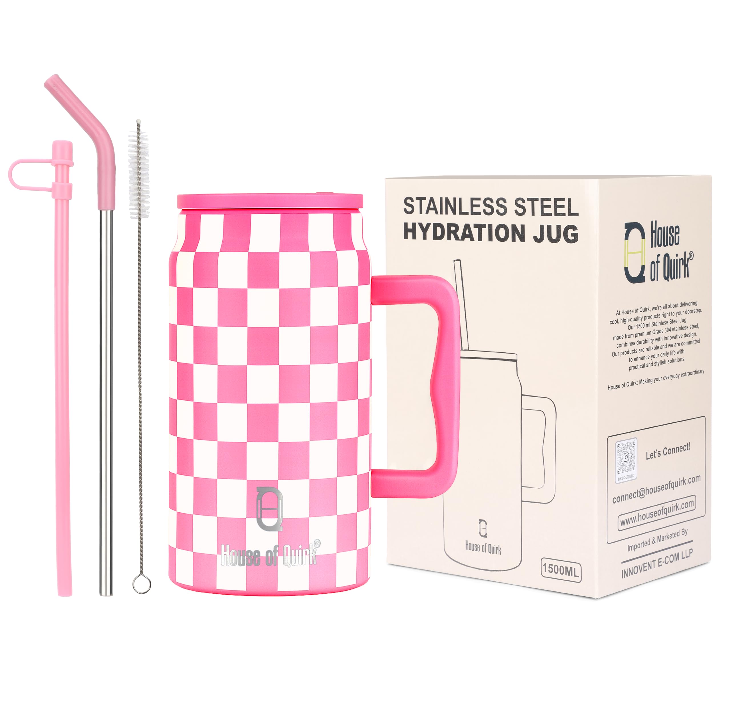 House Of Quirk 1500Ml Stainless Steel Mug Tumbler With Handle & Straw Lid - Large Water Bottle For Men & Women (Pink Check)