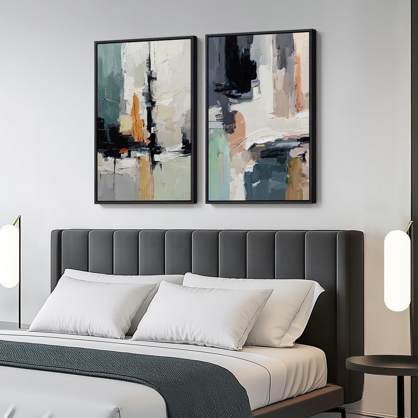 Framed Colorful Abstract Wall Art For Bedroom, Set Of 2 Modern Canvas Prints Paintings Artwork For Walls, Bright Blue Green Mult