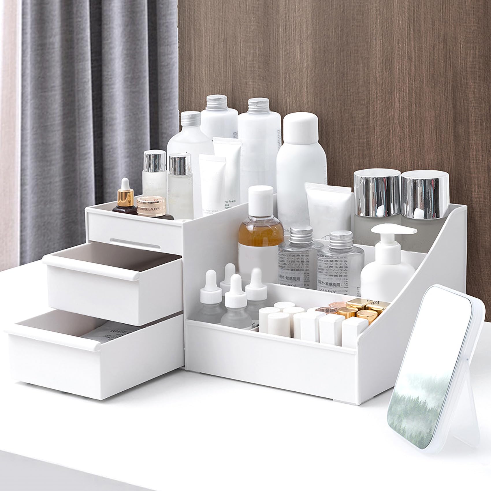 Aloxe Cosmetic Organizer Box Drawers Storage Plastic Stationary Box | Make Up Organiser For Women White