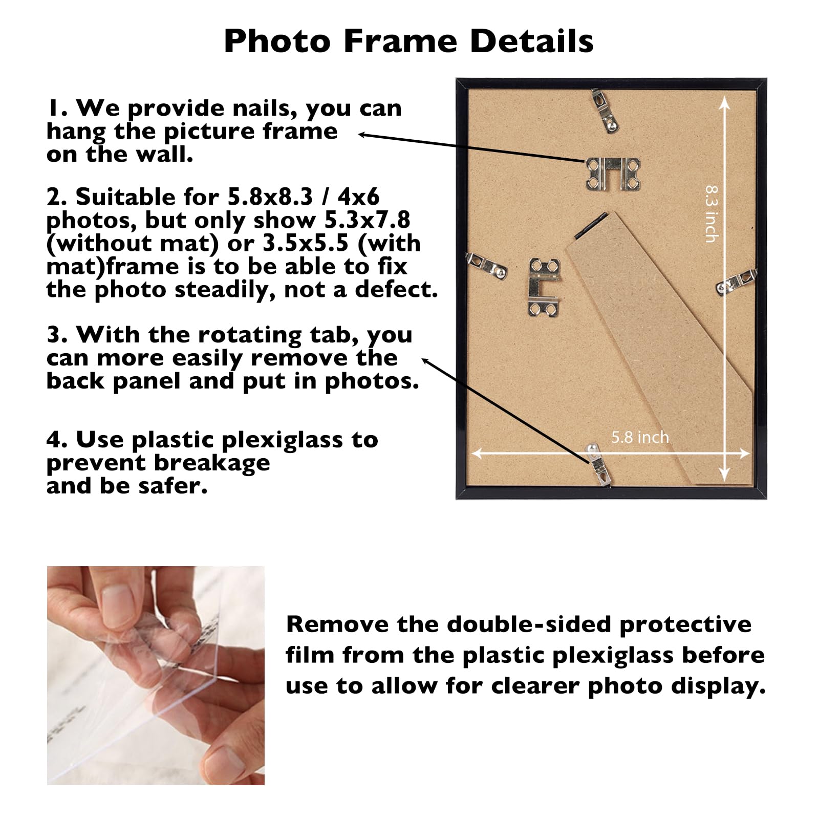 JCJMY 5.8x8.3 A5 Picture Frame Black with 4x6 Mat for Wall Hanging or Tabletop, Display Photo 4x6 with Mat or 5.8 x 8.3 Without