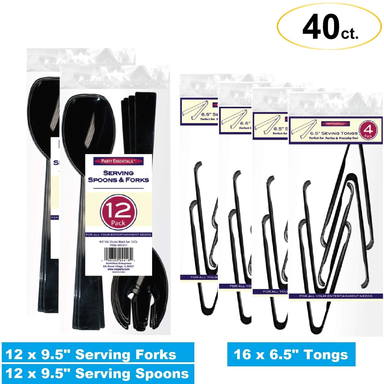 Party Essentials Plastic Party Buffet Serving Utensils Kit, Spoons/Forks/Tong, 40-Piece, Black