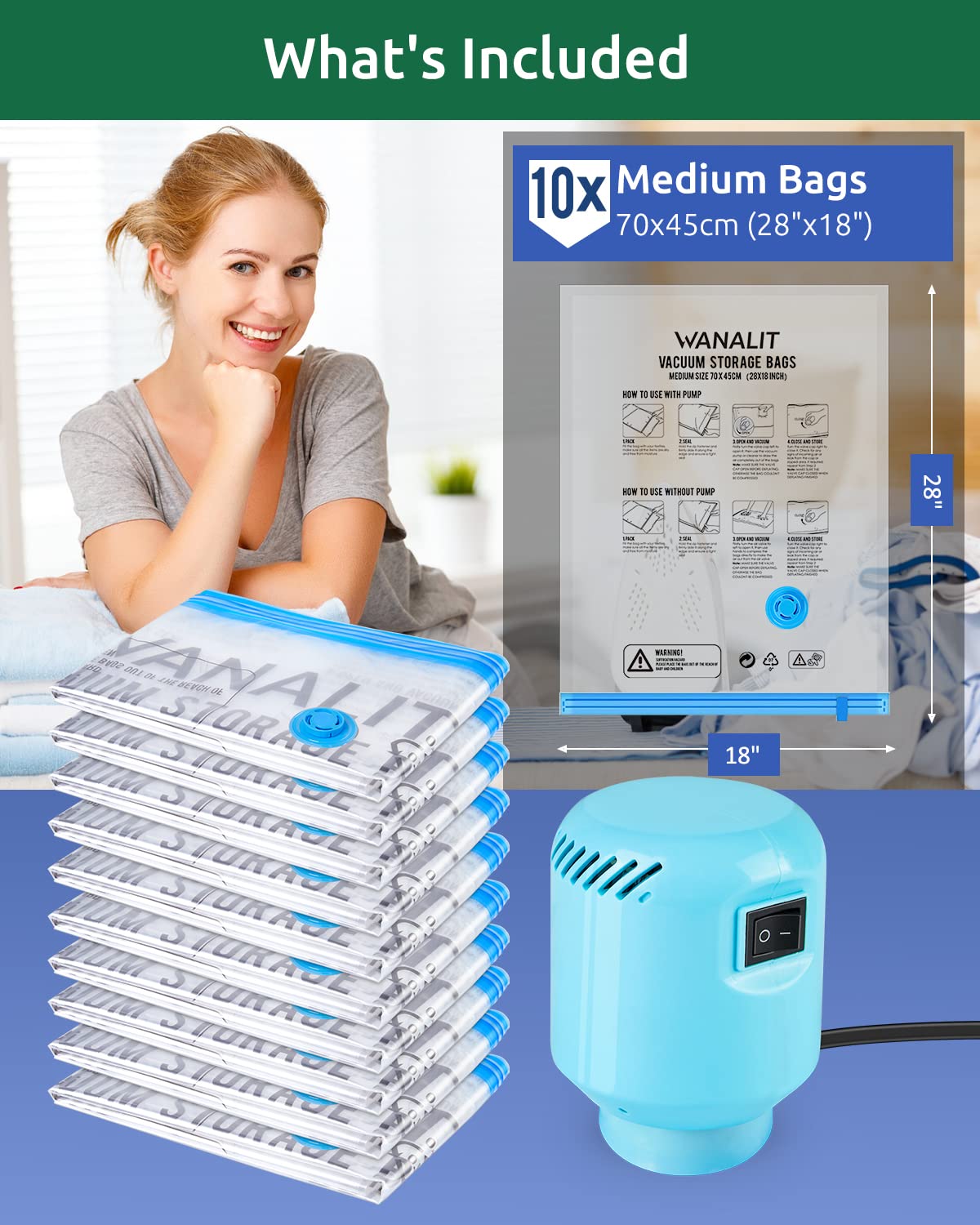 Vacuum Storage Bags with Electric Pump, 10 Pack Medium Size(28x 18) Reusable Compression Space Saving Bag for Clothes, Bedding,