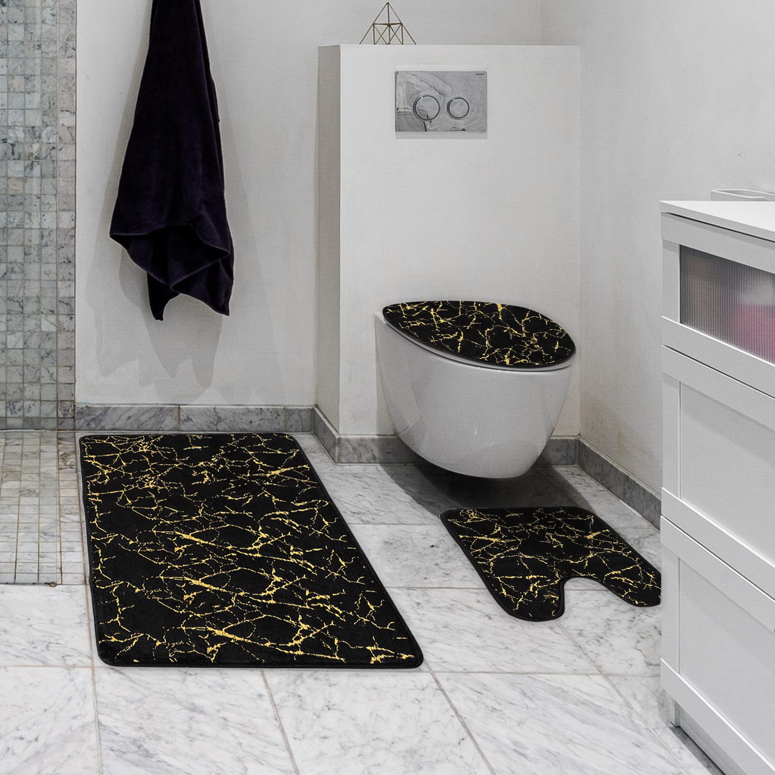 Marble Bathroom Rugs and Mats Set 3 Piece Nonslip Black Gold Bathroom Mats Soft Washable Bath Mats for Bathroom Floor Mats Carpet Water Absorbent Shower Rug with U-Shaped Contour Rug Toilet Lid Cover