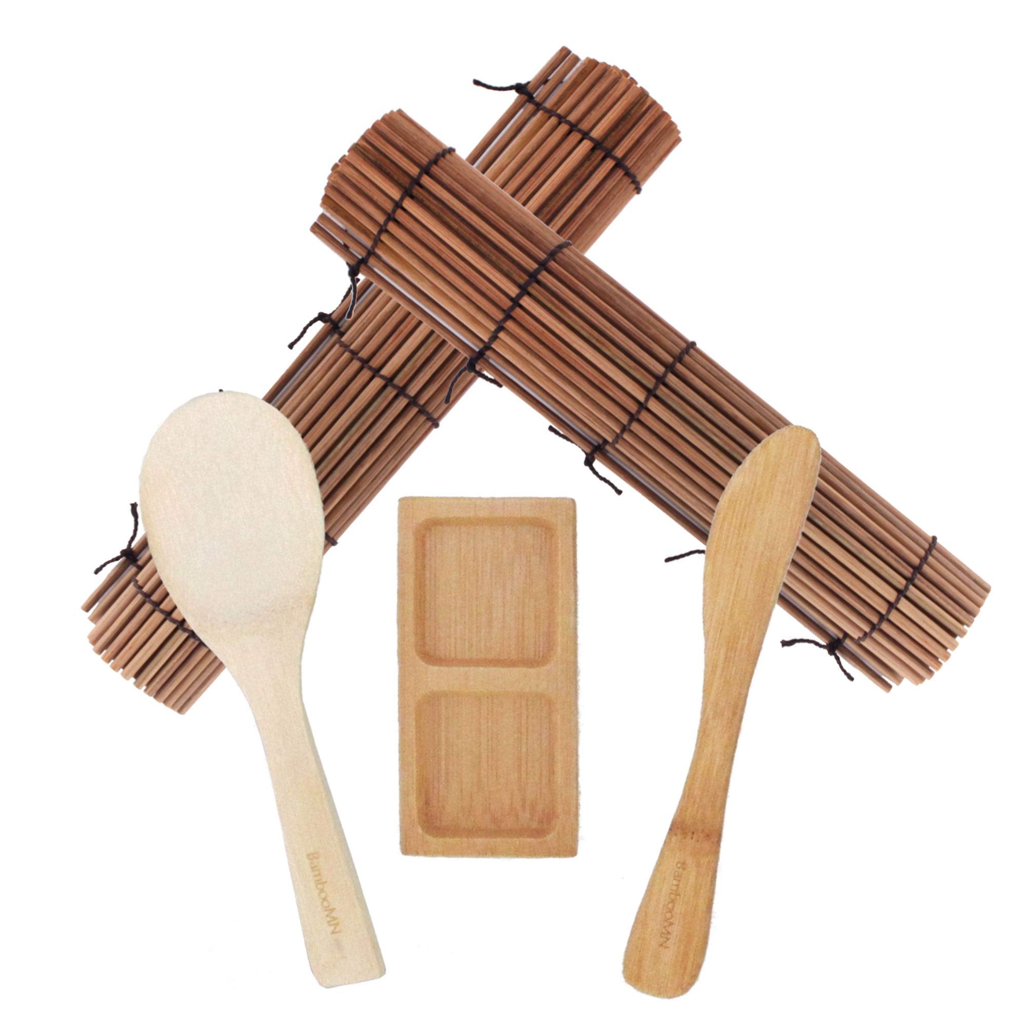 Bamboomn Sushi Making Kit 2X Carbonized Bamboo Rolling Mats, 1X Rice Paddle, 1X Spreader And 1X Compartment Sauce Dish | 100% Ba