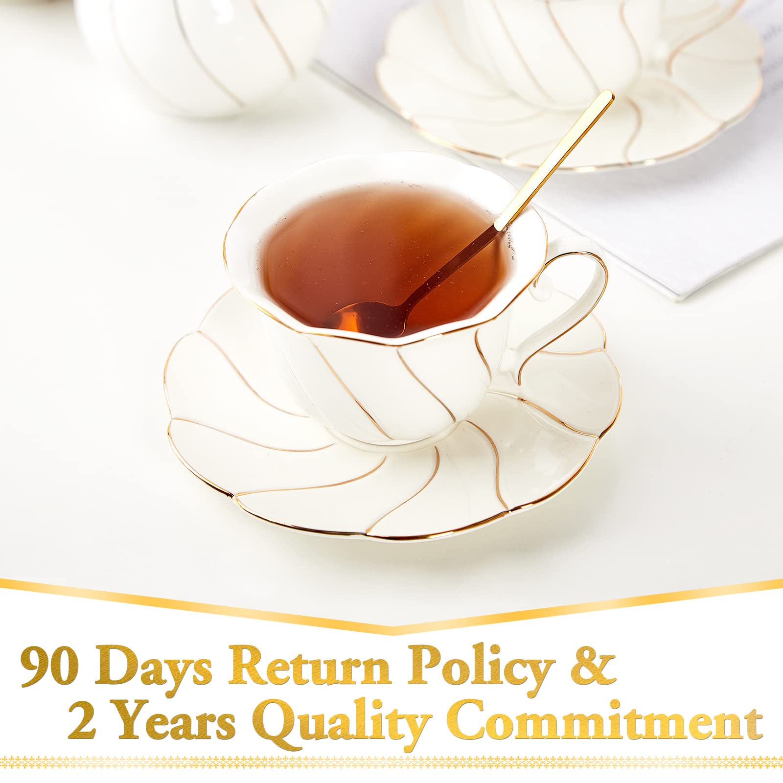 Dujust 3 Pcs Porcelain Tea Cup And Saucer Set With Tea Spoon, Luxury British Style Tea/Coffee Cup Set With Golden Trim, Beautifu