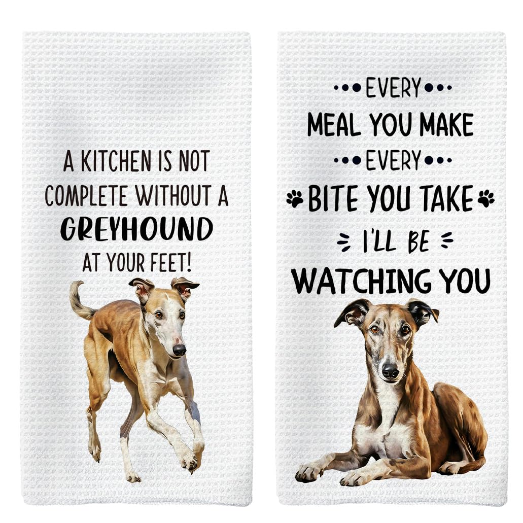 Tzhim Greyhound Kitchen Towels Set of 2, Greyhound Lovers Gifts, Dog Decorative Hand Towels, Dog Dishcloths Dish Towel Tea Towel