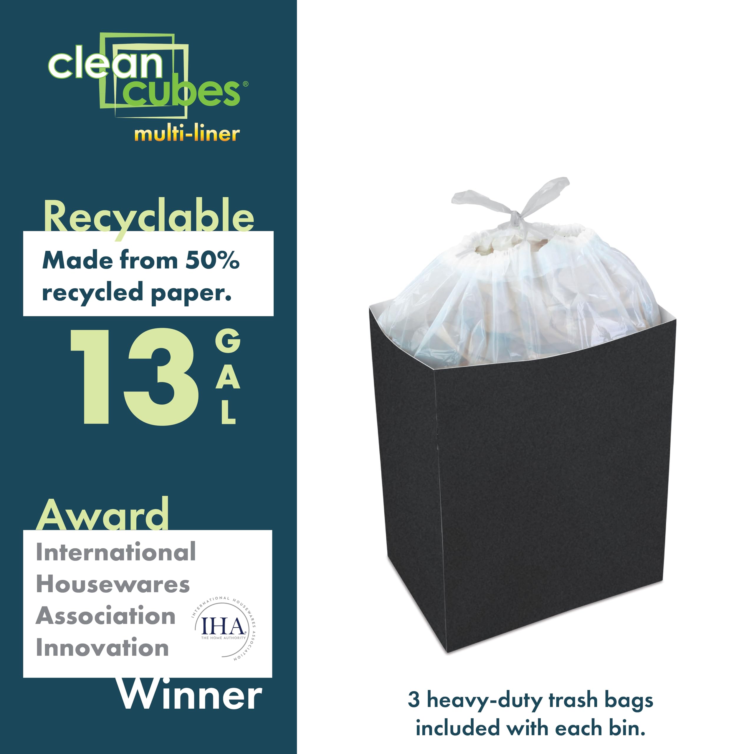 Clean Cubes Product Image 13 Gallon Multi-Liner Disposable Trash Cans (3-Pack). Reusable Garbage And Recycling Bins For Parties,