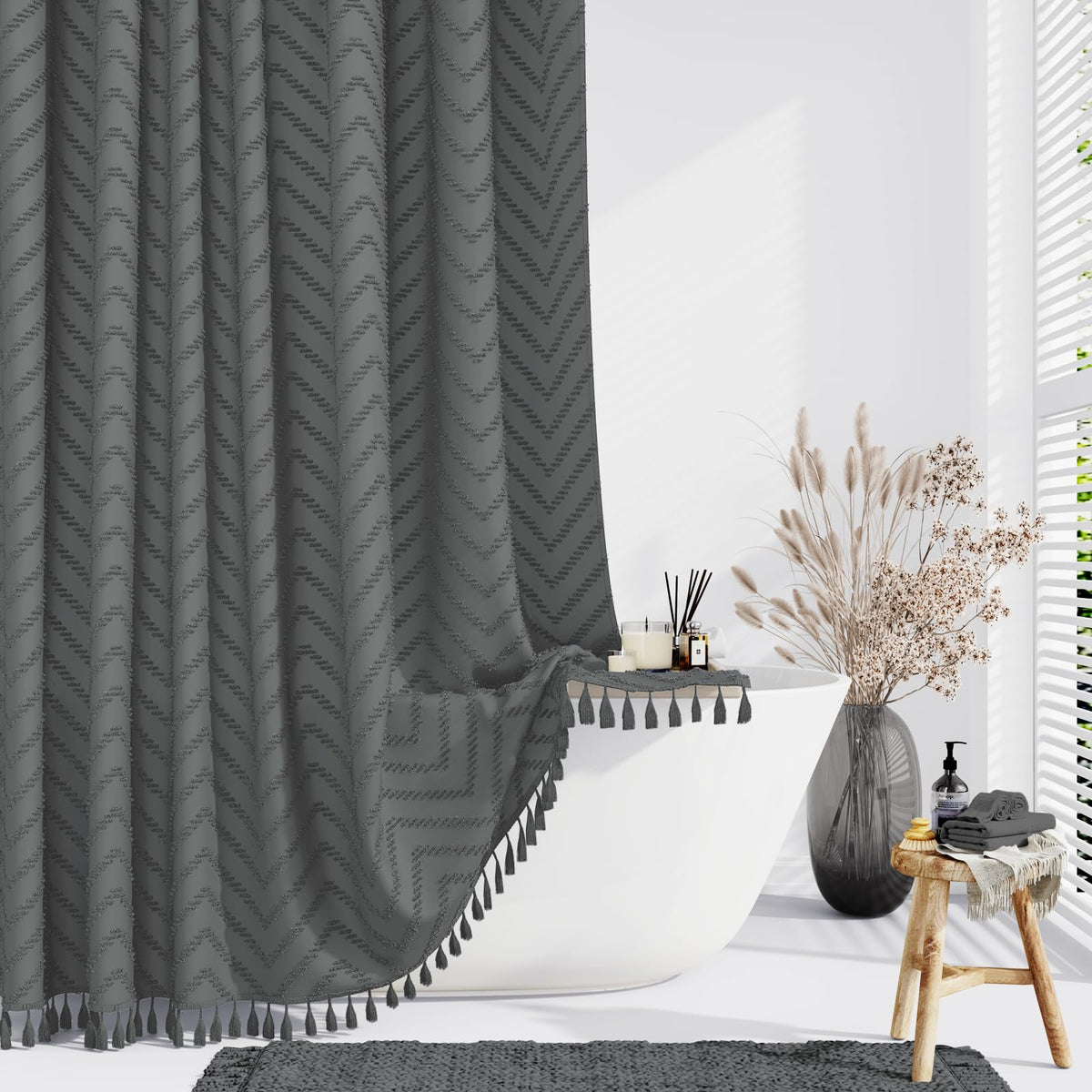 Dynamene 78 Inches Long Shower Curtain, Boho Tufted Chevron Striped Tall Cloth Shower Curtains For Bathroom, Large Hotel Spa Lux