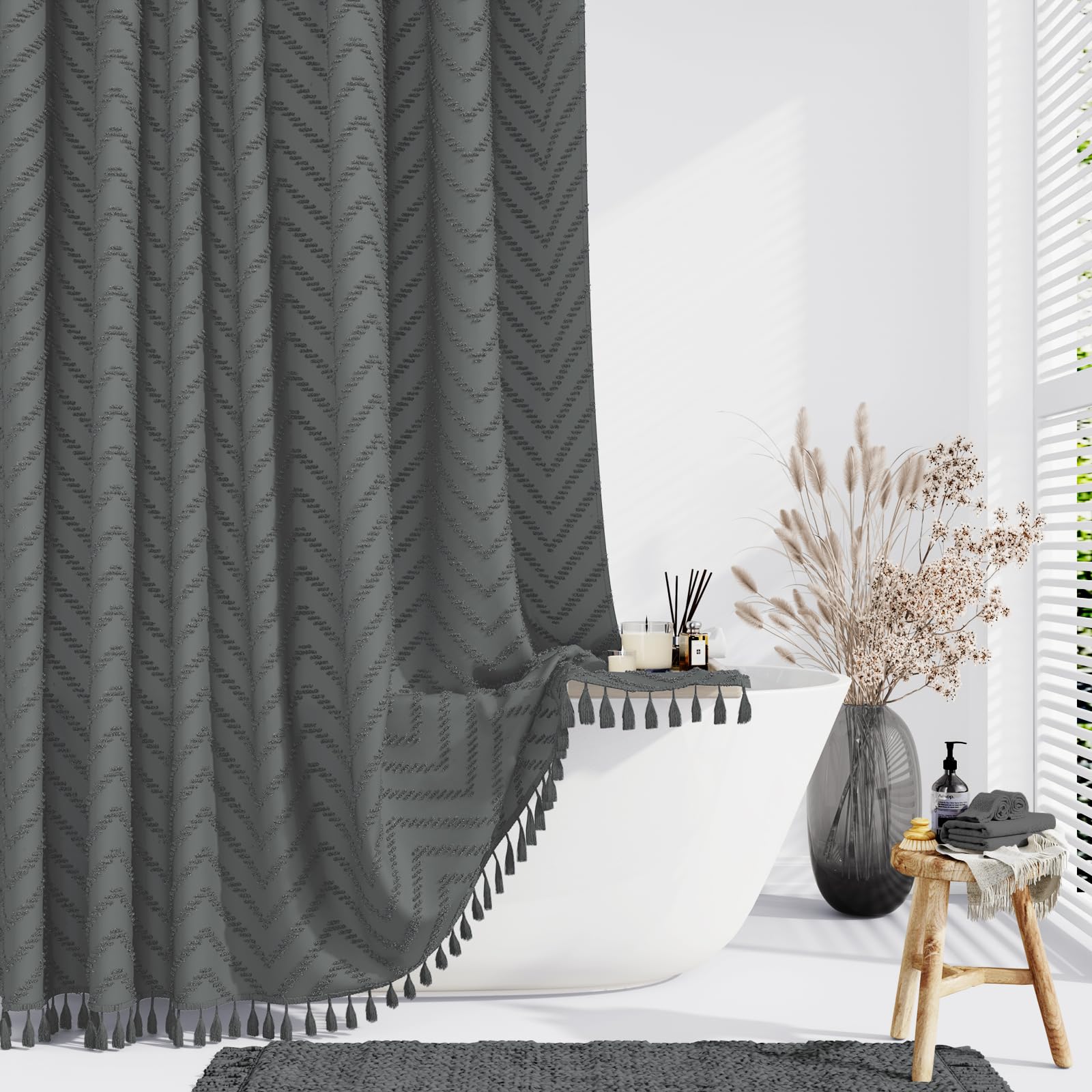 Dynamene Extra Long Shower Curtain, 84 Inch Long Boho Tufted Chevron Striped Fabric Shower Curtain For Bathroom, Tall Shabby Chi