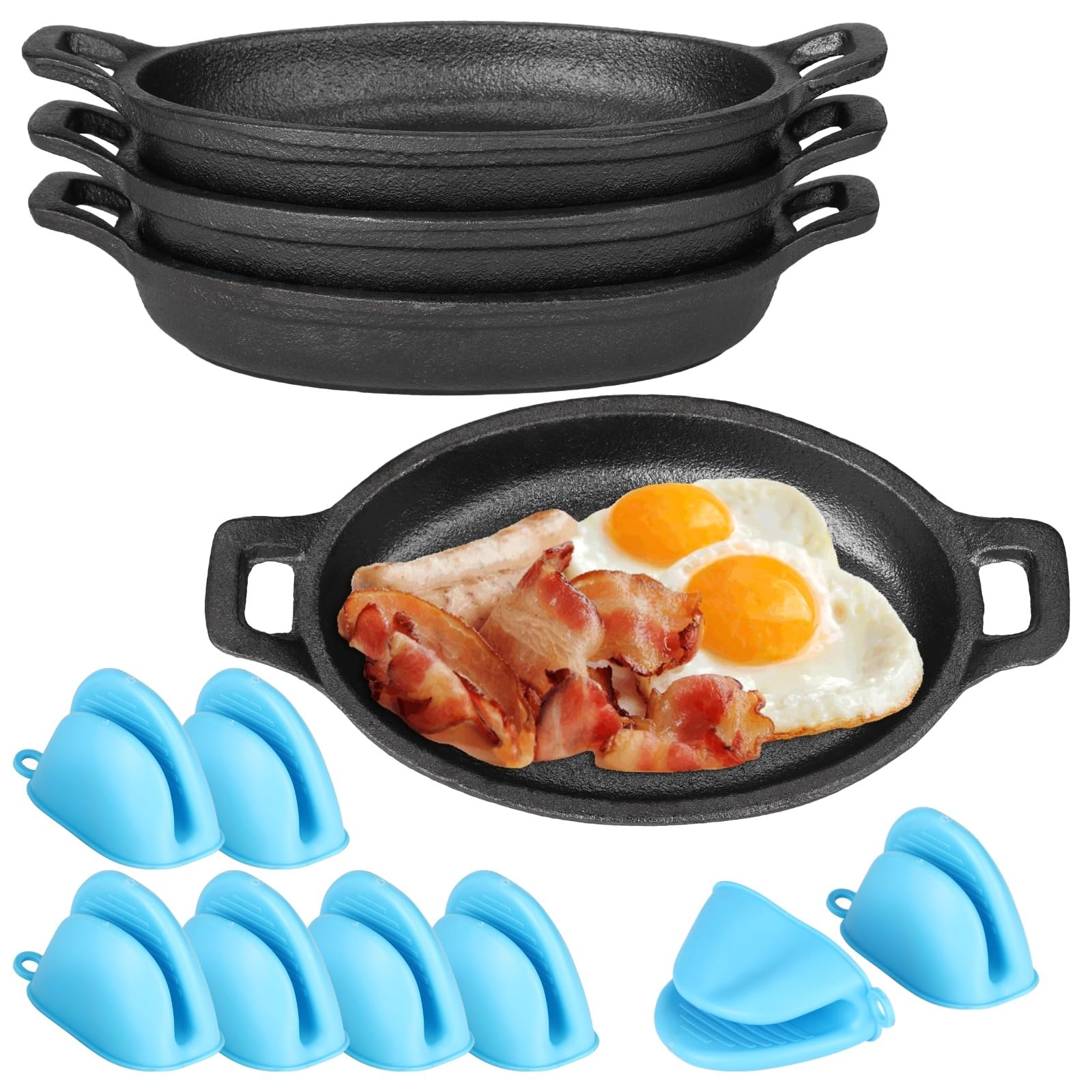 4 Pcs Mini Cast Iron Skillets, 8.66x4.72 Small Oval Skillets, Uncoated Steak Frying Pans with Double Handle, Single Serve Dish 