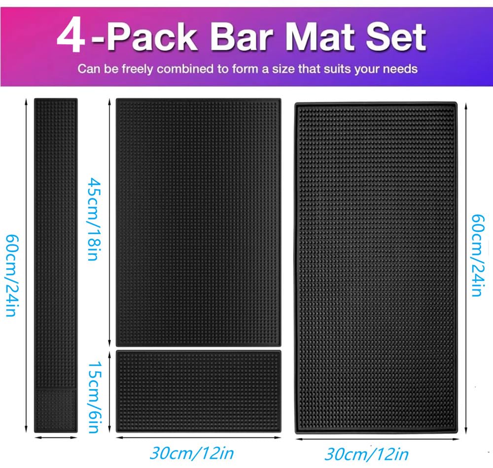 Wangchao Bar Mat Set Of 4 Nonslip Flexible Rubber Black Bar Service Spill Mat Barber Mats Dish Drying Mat (24'' X 12''+18'' X 12