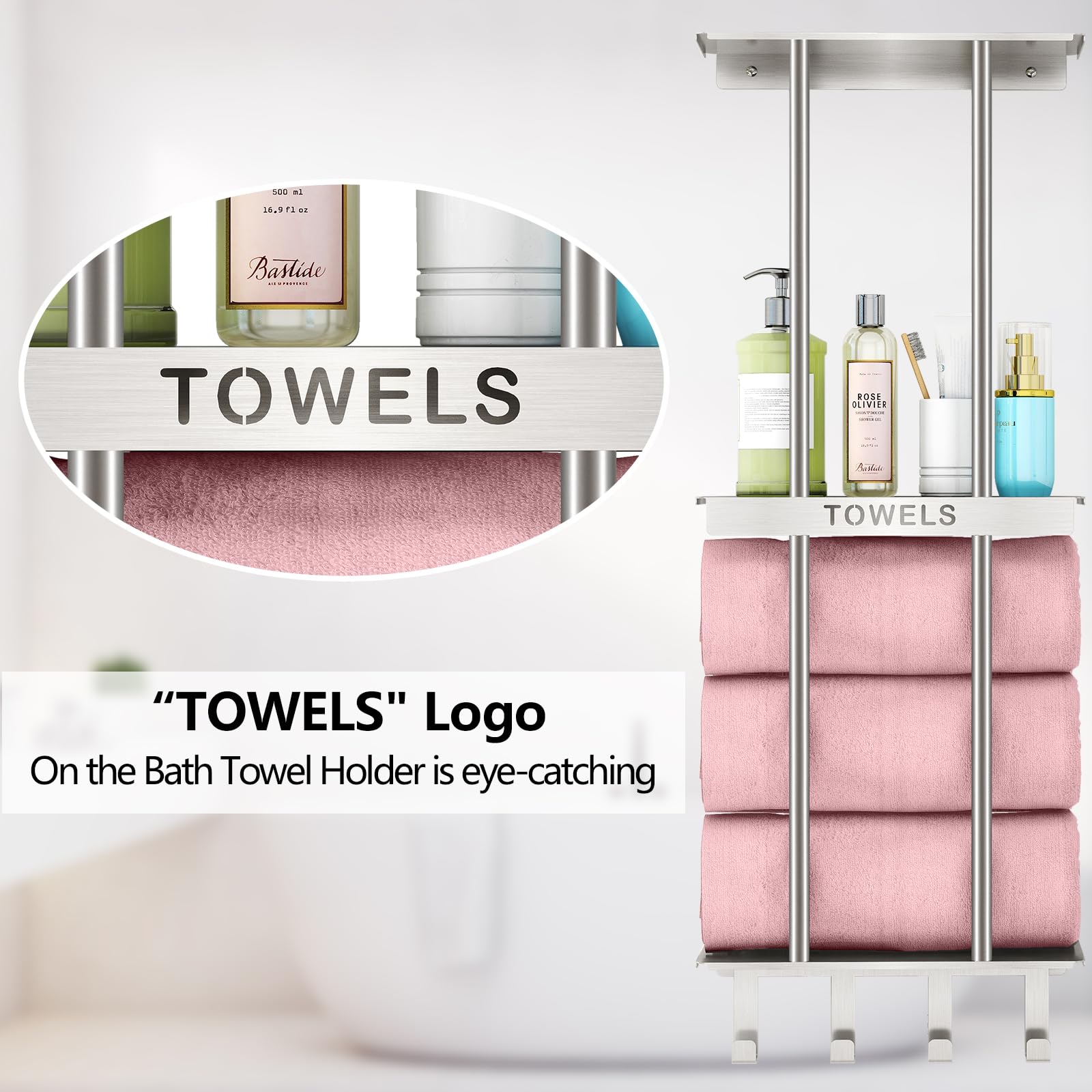 Bathroom Towel Storage, Towel Racks For Bathroom With 3-Tier Shelf & 4 Hooks, Towel Holder For Bathroom Wall For Rolled Bath Tow