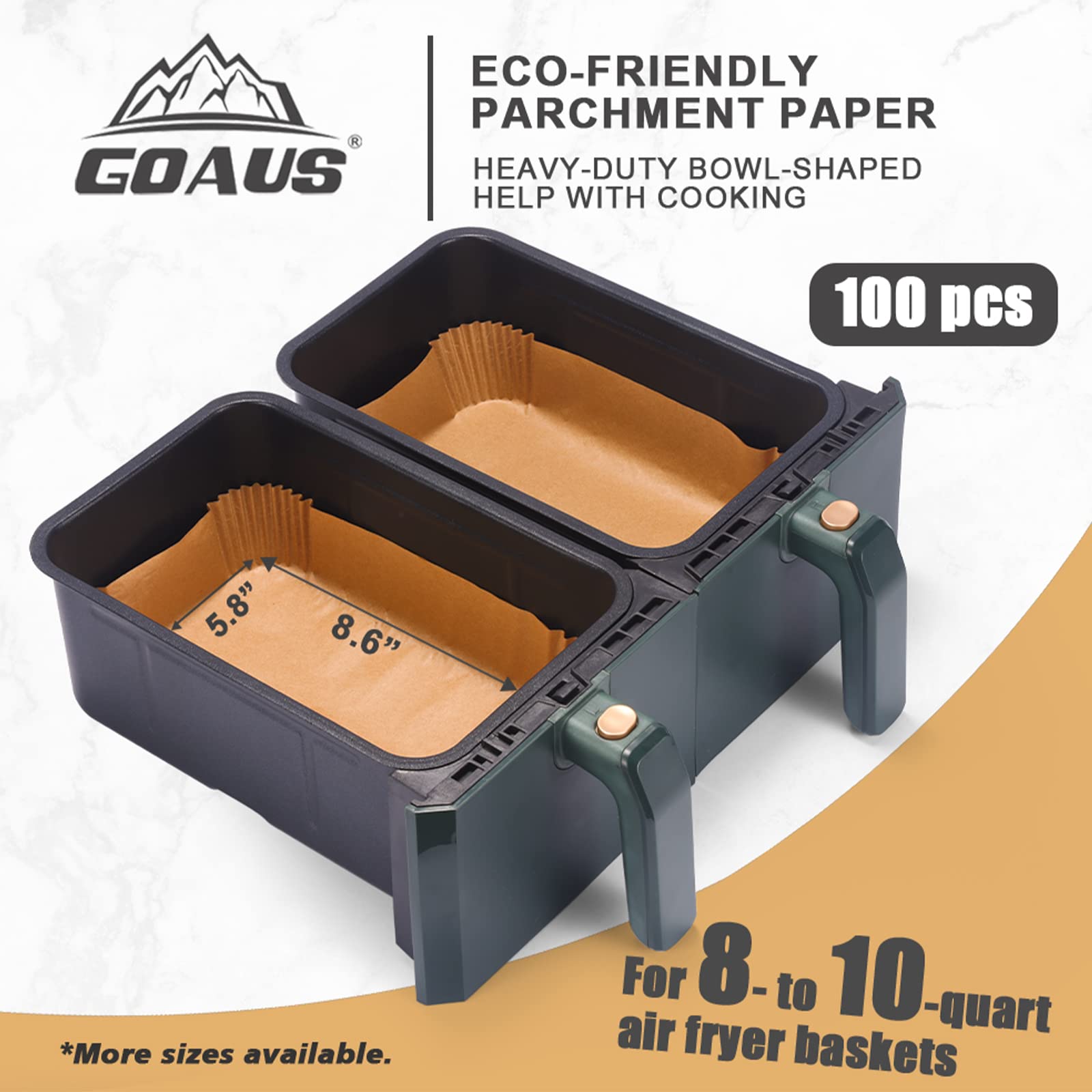 Goaus Air Fryer 100 Pcs Rectangular Paper Liners Disposable For Dual Air Fryer 2 Baskets 8 To 10 Qt, 8.6X5.5 Inches Parchment Pa