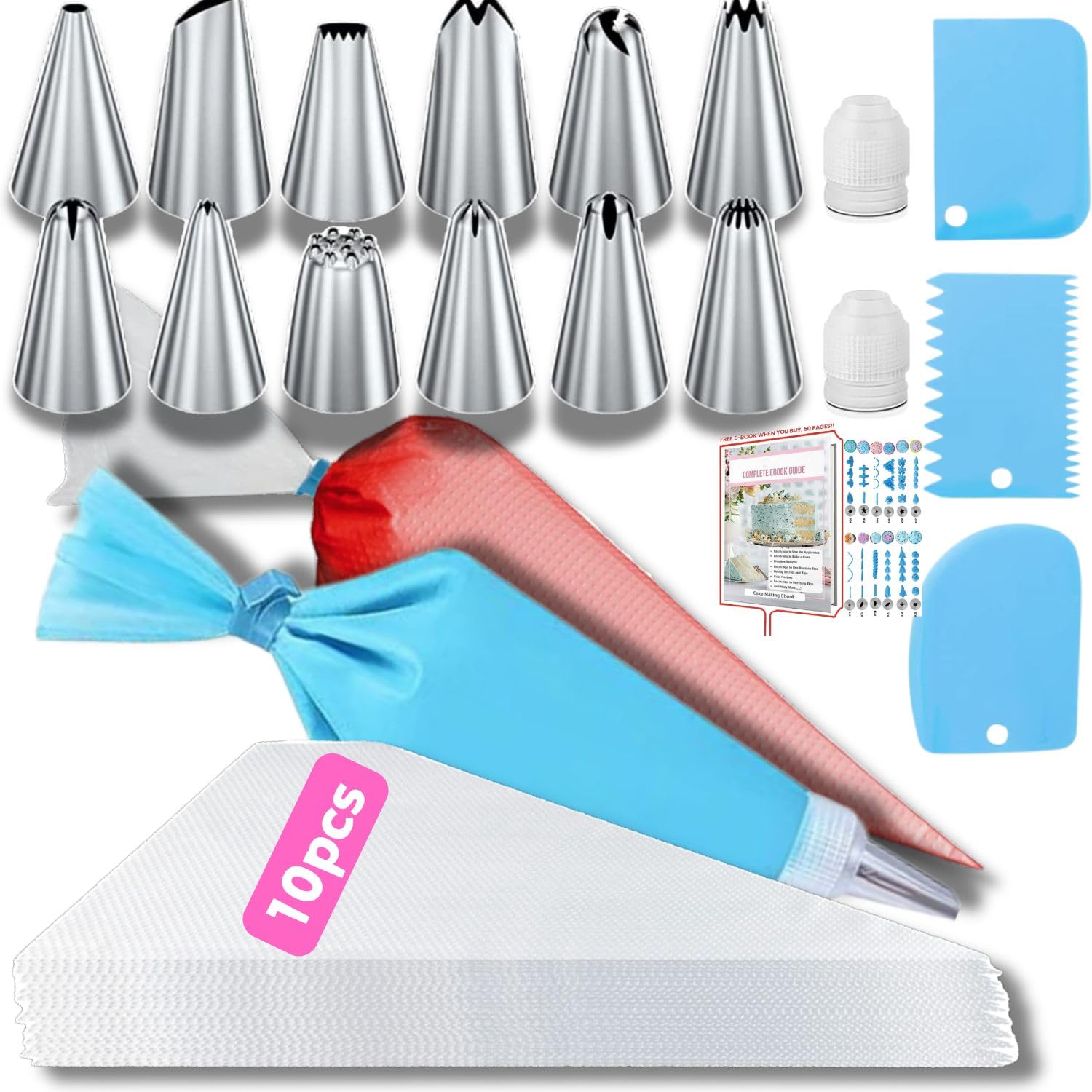 Piping Bags and Tips Set, Cakes Decorating Supplies Kit with 27pcs 12 Inch Pastry Bags, 12 Piping Tips, 3 Cake Scraper, 2 Couple