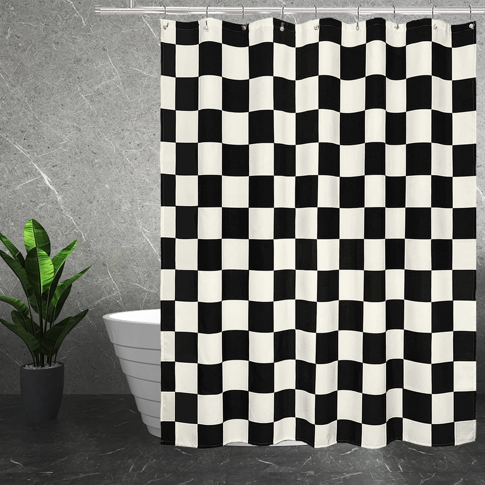 Tititex Aesthetic Checkerboard Grid Pattern Shower Curtain, Beige Black Modern Shower Curtain Sets Decoration 71X71 Inch With Ho