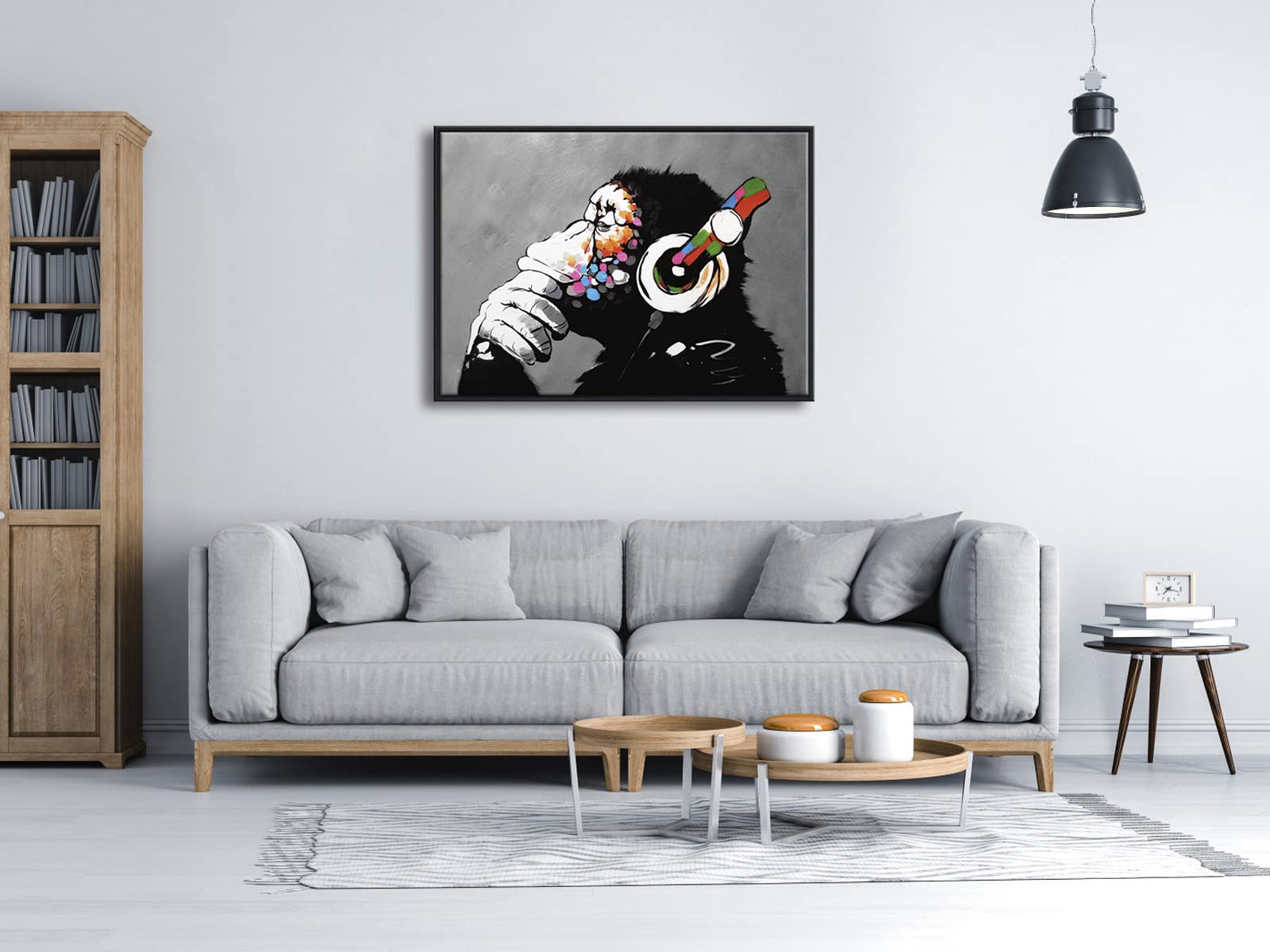 Wieco Art Black Framed Monkey With Headphones Banksy Graffiti Art Abstract Canvas Painting Posters And Prints Animal Canvas Wall
