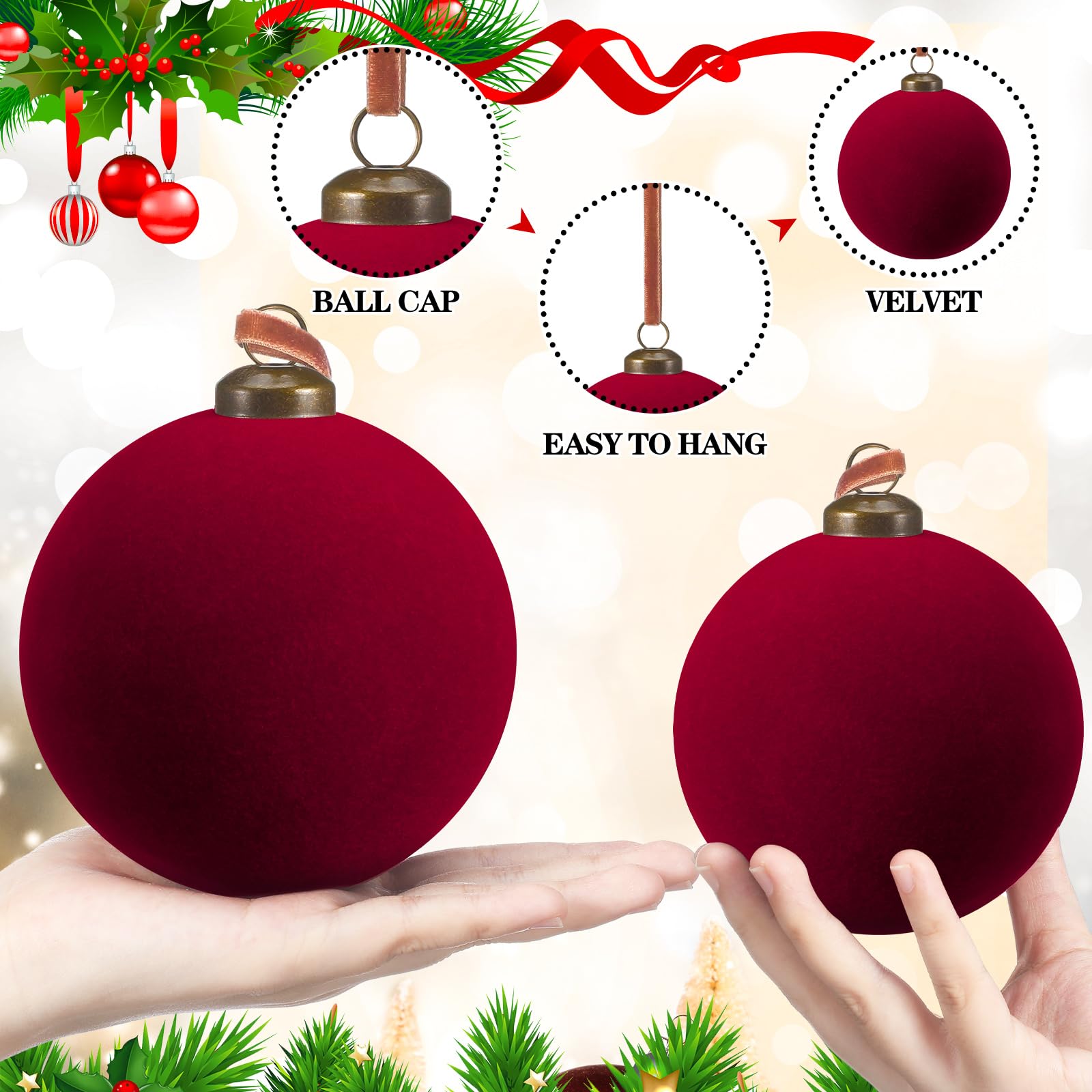 PullCrease 12 Pcs Velvet Christmas Ball Ornaments - 4 Inch Burgundy Flocked Christmas Tree Balls Decorative Hanging Ornaments fo