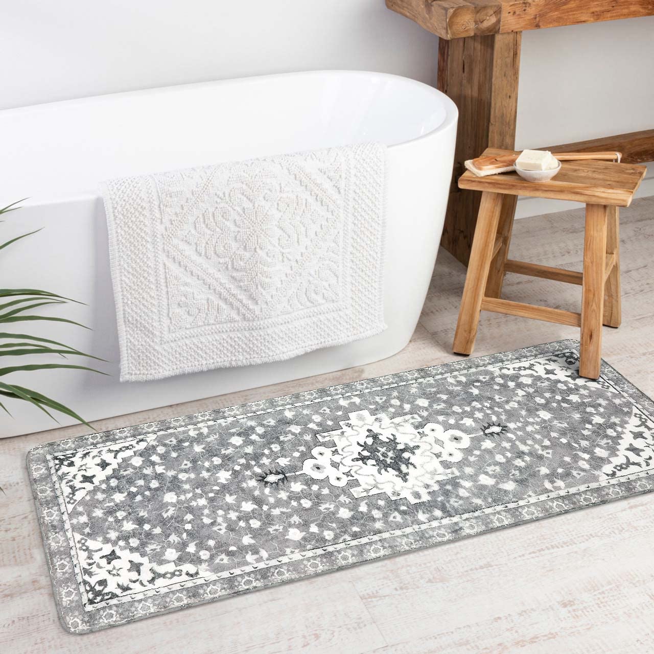 Uphome Vintage Bathroom Runner Rug Gray Non-Slip Soft Long Bathroom Rugs Machine Washable Oriental Bath Mat Traditional Farmhous