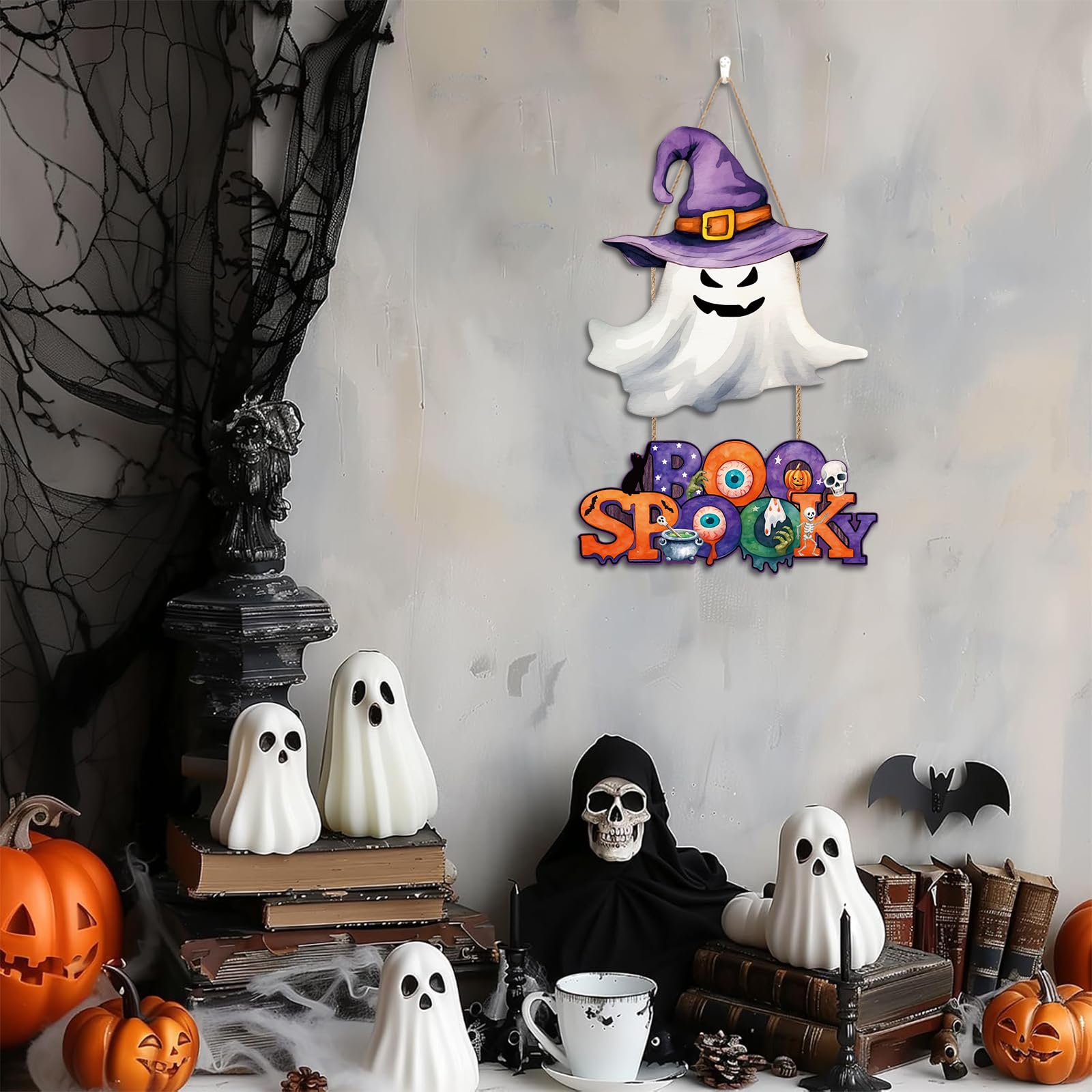 Ausril Happy Halloween Sign,Ghost Door Sign,Spooky Halloween Door Decoration, Boo Ghost Wreath,Black Cat Skull Wall Decor,Scary