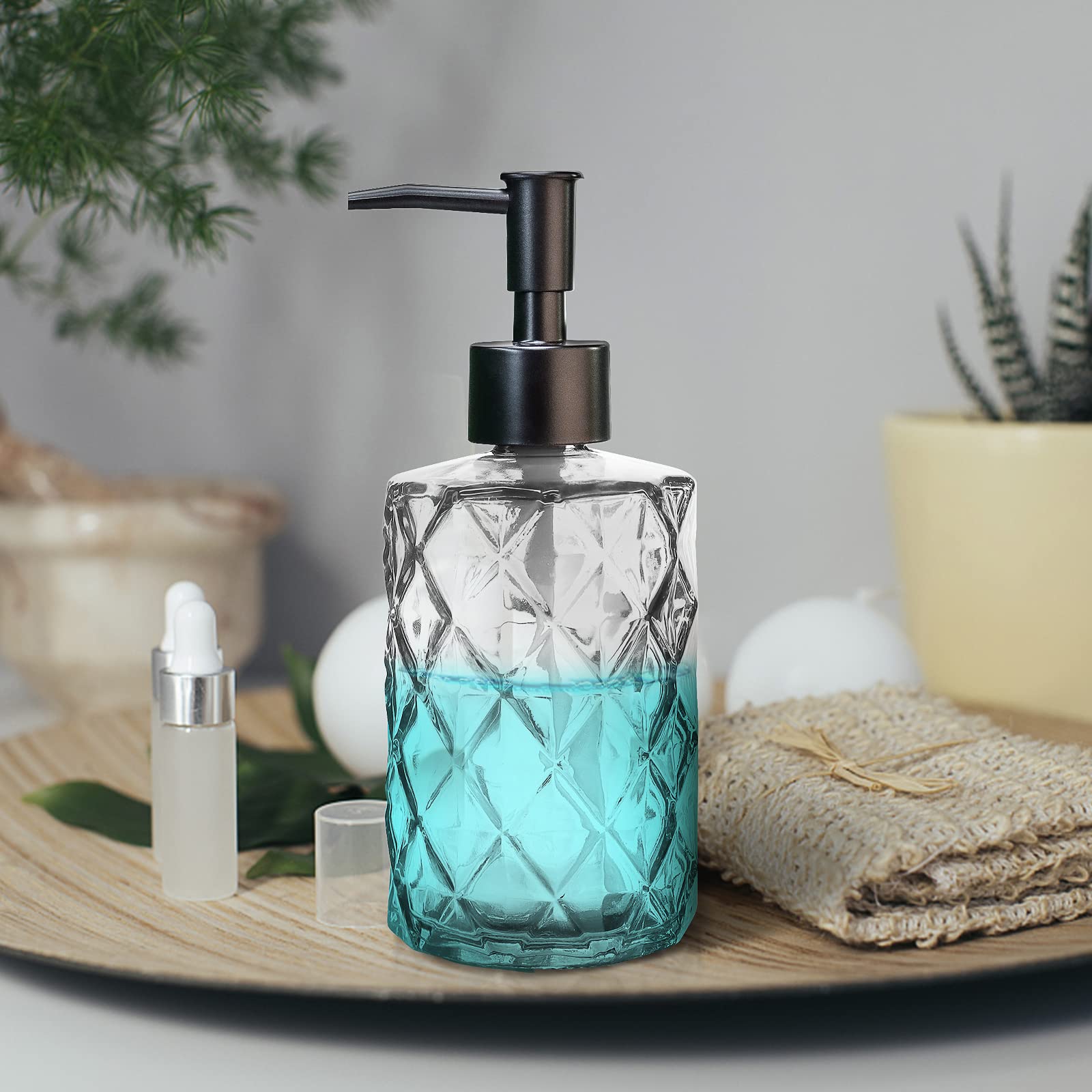 Ulable 2Pcs Clear Glass Soap Dispenser With Pump, 11Oz Diamond Design Refillable Soap Dispenser For Hand Wash, Dish Wash, Bathro