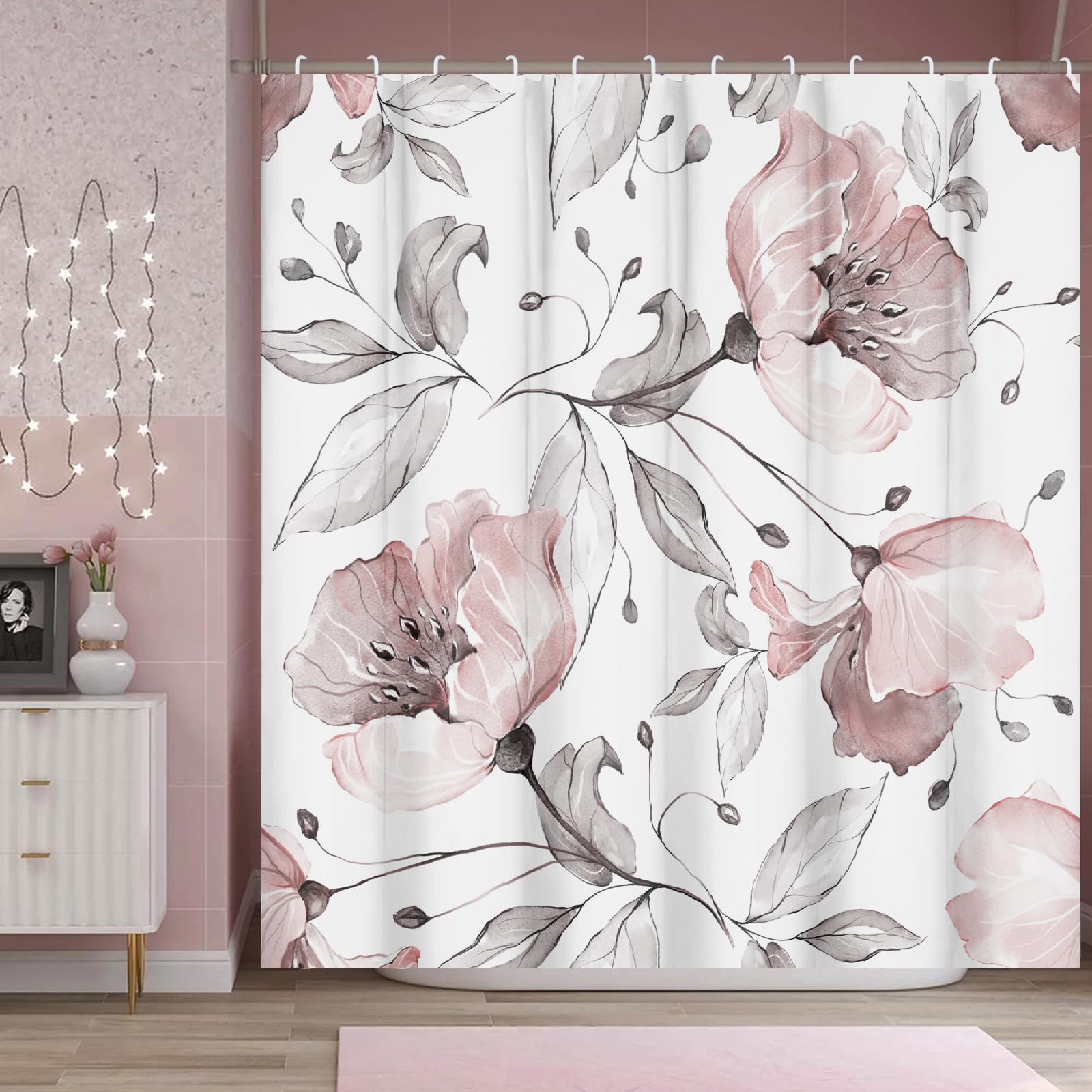 Bivinar Extra Long Pink And White Floral Shower Curtain 72 X 84 Inch, Watercolor Flower Bathroom Shower Curtain, Fabric Waterpro