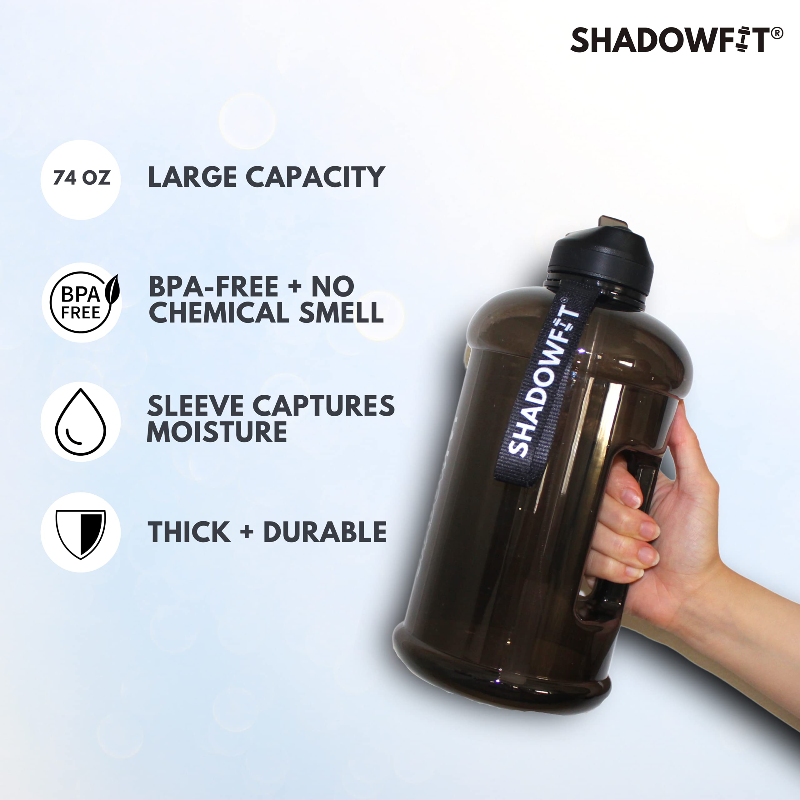 Shadowfit Half Gallon Water Bottles (74 Ounce, 2.2 Liter) With Straw Lid Handle And Storage Sleeve - Large Jug Holder With Strap