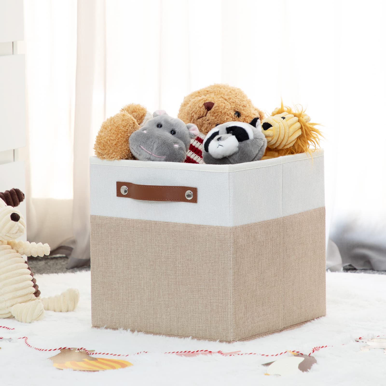HNZIGE Fabric Storage Baskets Cubes Bins for Shelves  11 x11 Foldable Storage Bins  Decorative Storage Basket with Leather Handles for Storage Clothes Home Nursery(White Beige-4Pack)