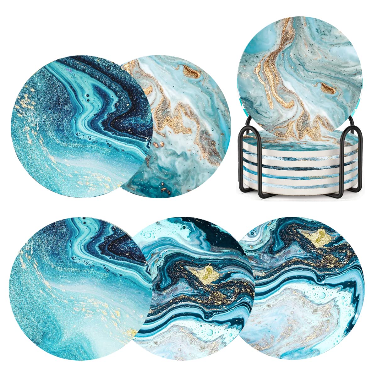 Coasters For Drinks With Holder,Marble Ocean Coasters For Table,Ceramic Absorb Stone Coasters With Cork Base (6 Pack) (Ocean)