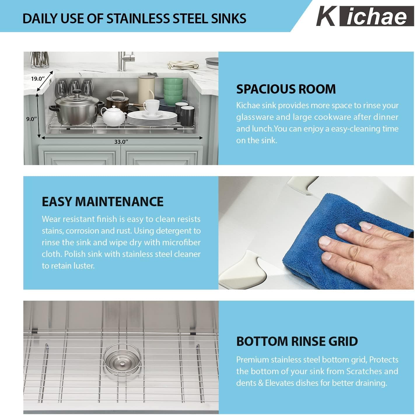 Kichae 33 Inch Undermount Kitchen Sink Single Bowl Stainless Steel Kitchen Sink 33'' Under Mount 161 Gauge Round Corner Kitchen