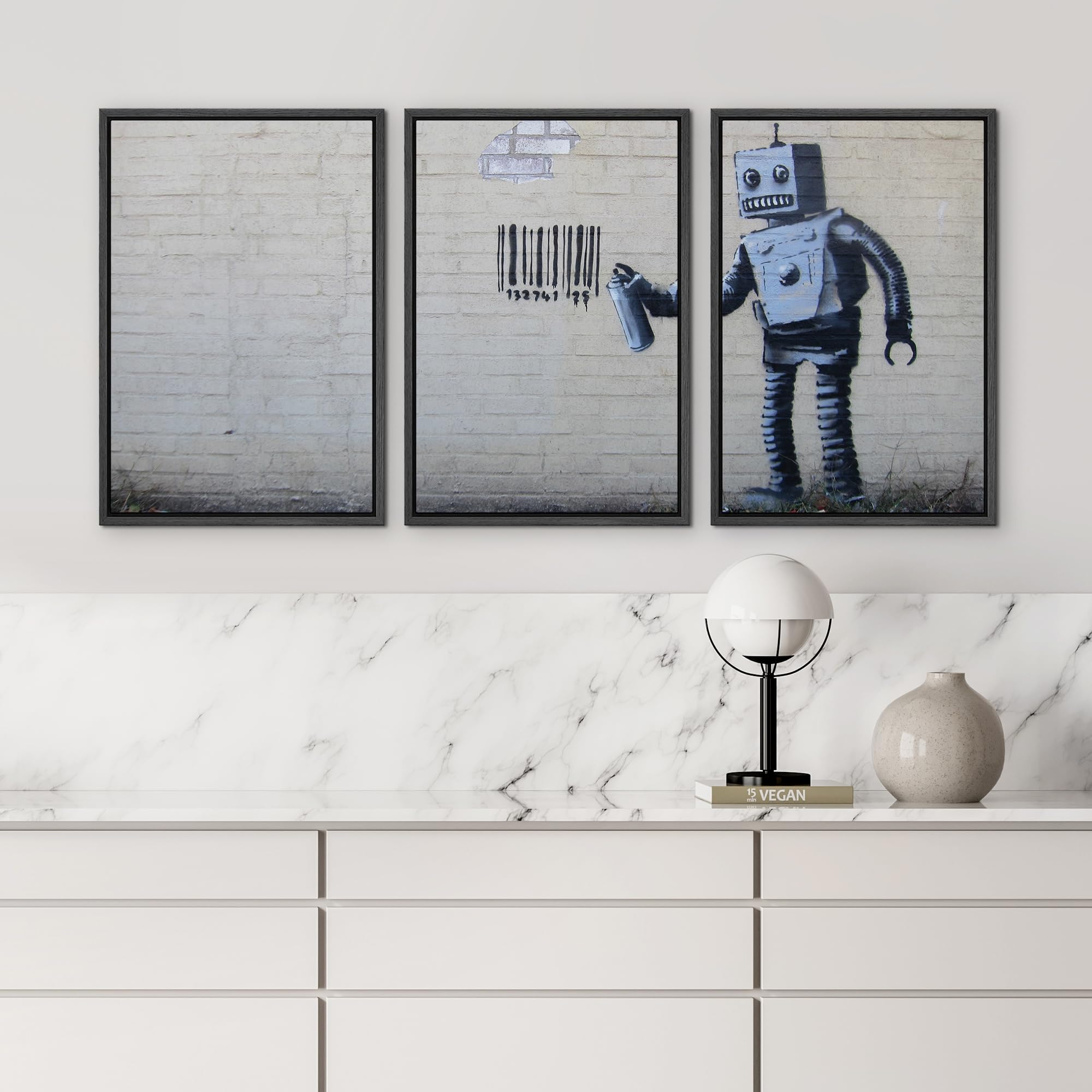 Wall26 - Robot Graffiti Banksy Street - Framed Canvas Art Wall Art - 24''X36''X3 Black