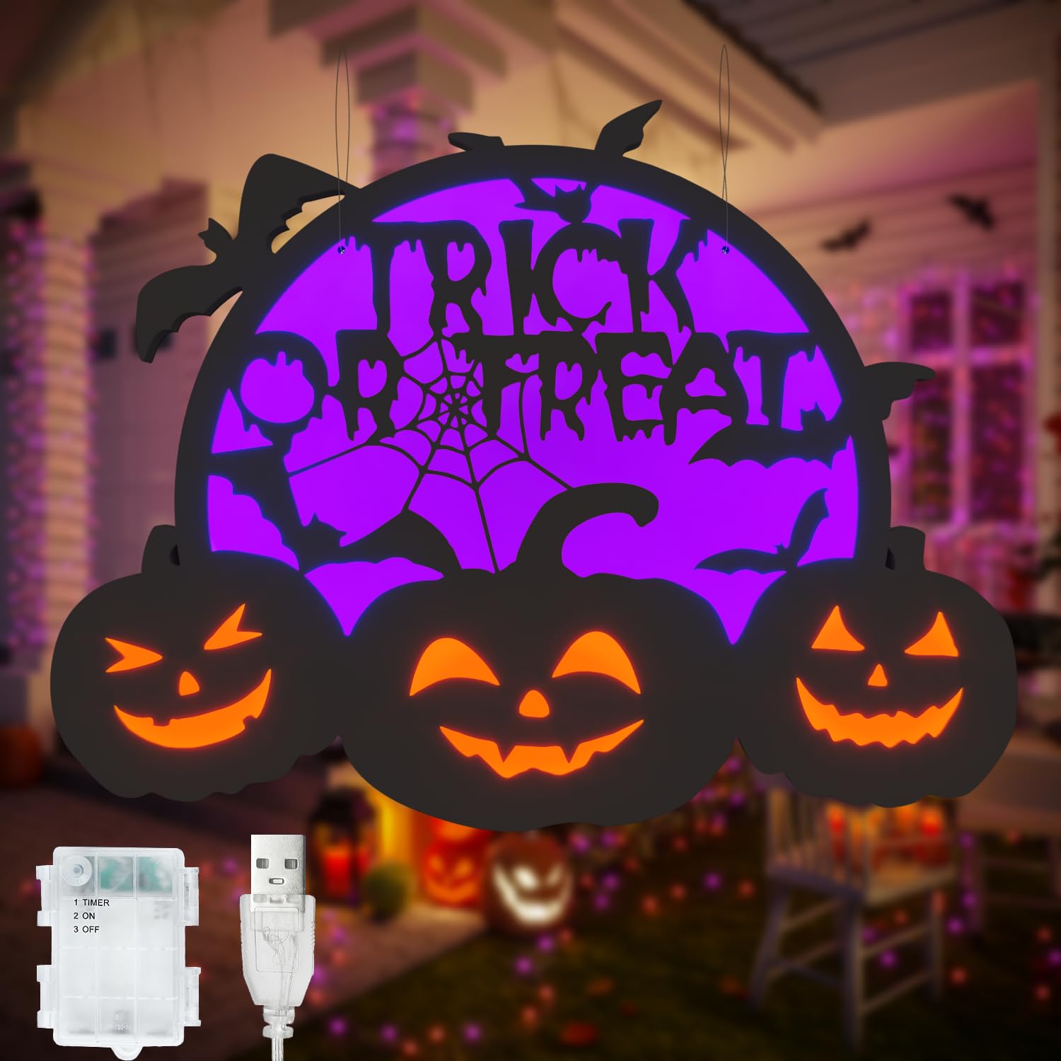 Halloween Pumpkin Lights, LED Connected Jack O Lantern With Light Up Purple Moons, Bat Spider Web & Trick or Treat Wording, USB 