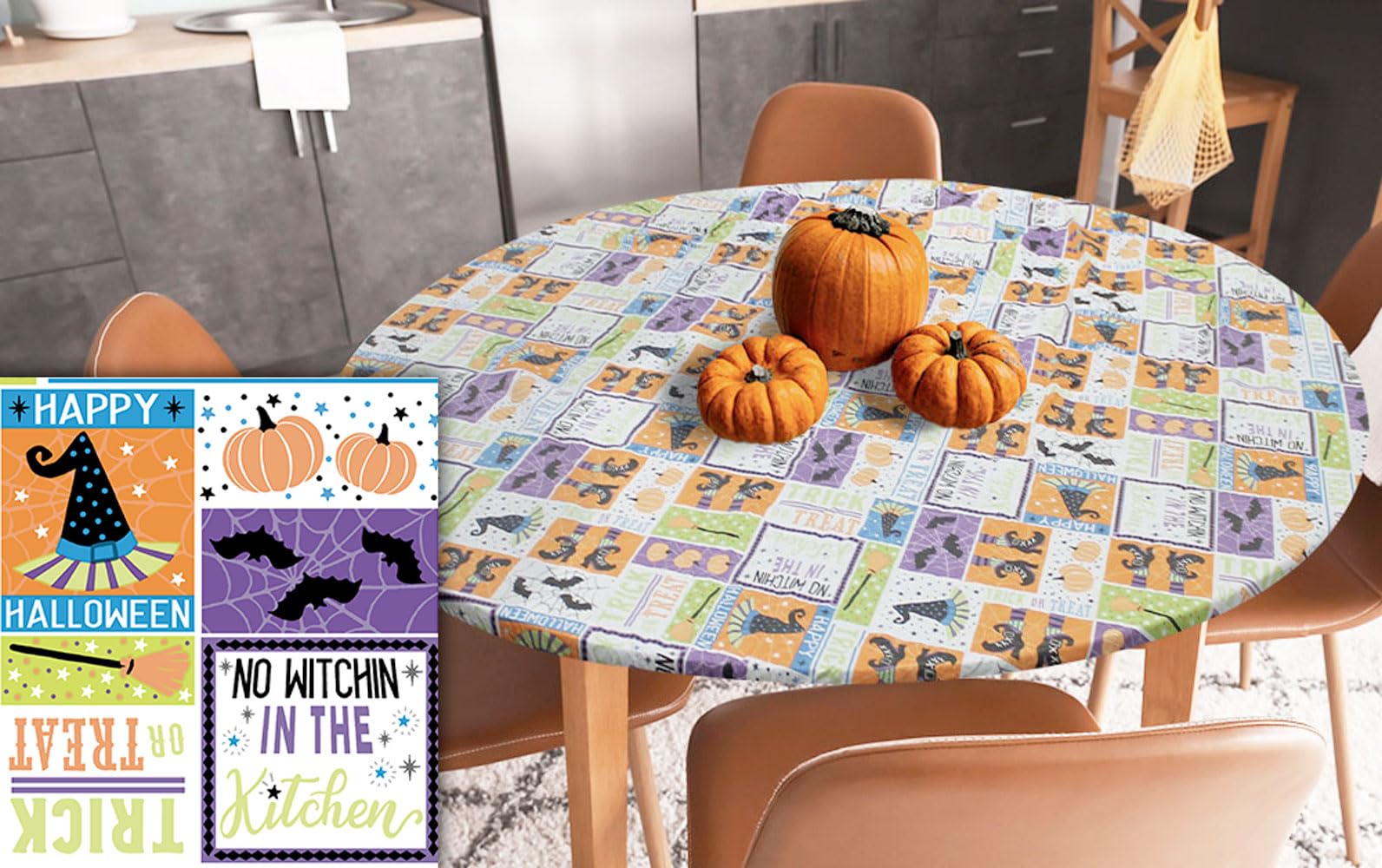 Covers For The Home Deluxe Elastic Edged Flannel Backed Vinyl Fitted Table Cover - Halloween Witchy Patchwork- Small Round Oblon