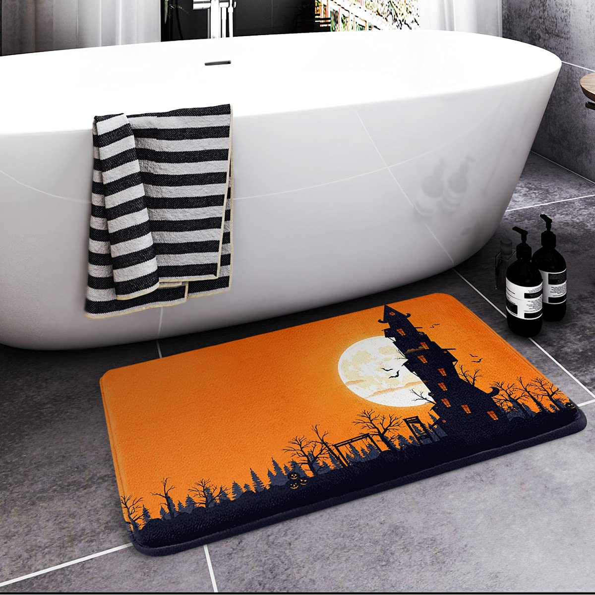 Britimes Bath Mat for Bathroom, No Slip, Halloween Theme Orange Washable Cover Floor Rug Carpets Floor Mat Bathroom Decorations