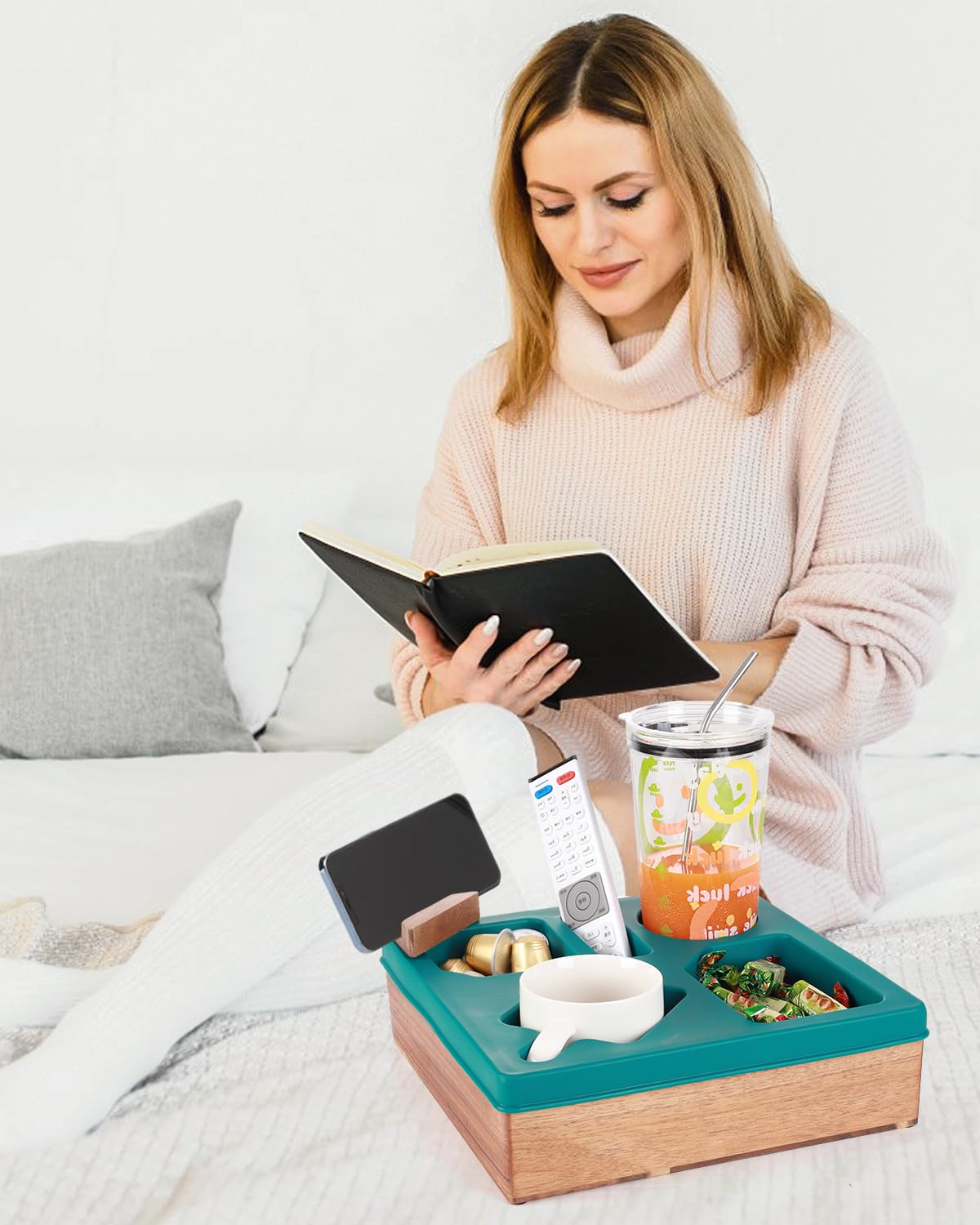 Couch Cup Holder Tray, Silicone Wooden Couch Caddy With Cup Holder For Snacks, Drinks, Remotes, Waterproof Cup Holder For Couch,