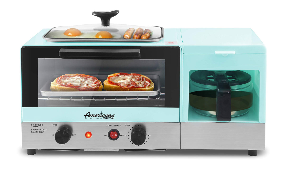 Elite Gourmet Americana 2 Slice, 9.5 Griddle With Glass Lid, 3-In-1 Breakfast Center Station, 4-Cup Coffeemaker, Toaster Oven