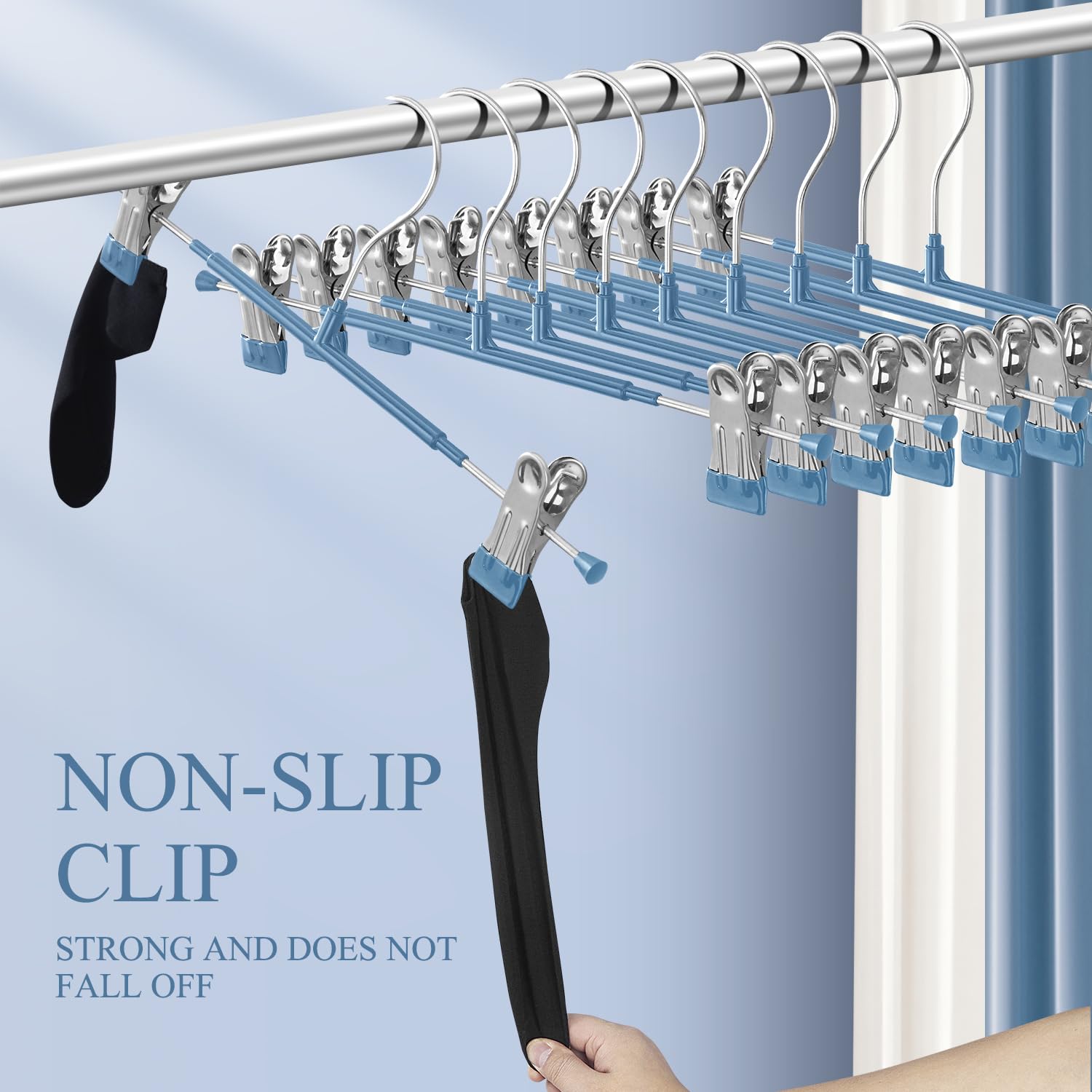 Hwajan 14Inch Blue Pants Hangers With Clips 20 Pack Adjustable Skirt Hangers For Women Non-Slip Trousers Hanger For Jeans Clothe