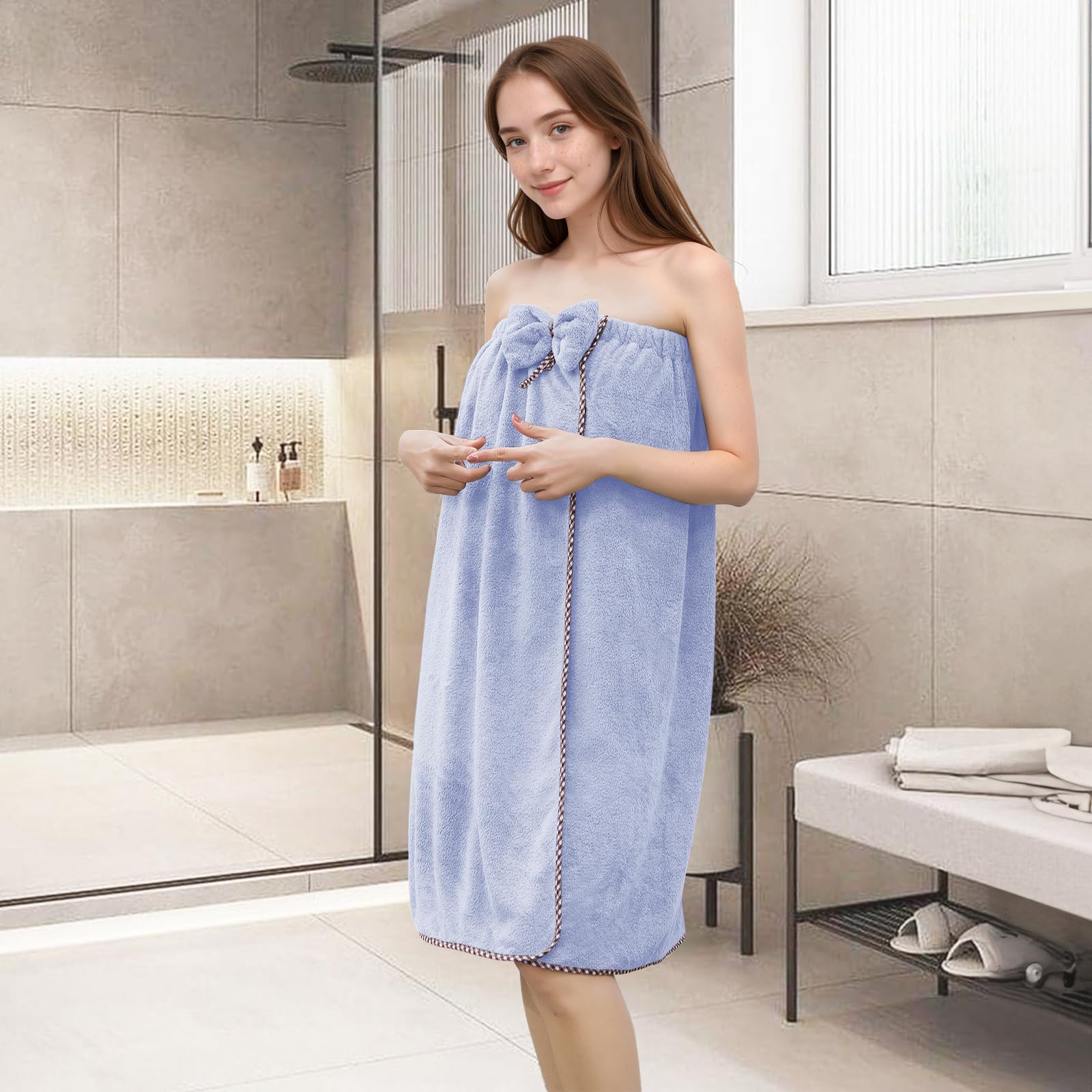 GOSCHE Bath Wrap for Women  Adjustable Shower Wrap Towel with Home Hotel Bath Towel Nightgown for Sauna Beach Pool Gym Travel - Blue XL