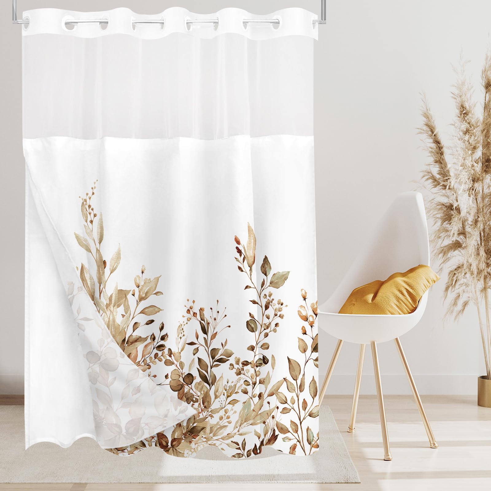 Tititex No Hooks Snap In Liner Tan Eucalyptus Leaves Shower Curtain Sets, Hotel Luxury Double Layers Waterproof Fabric & See-Thr