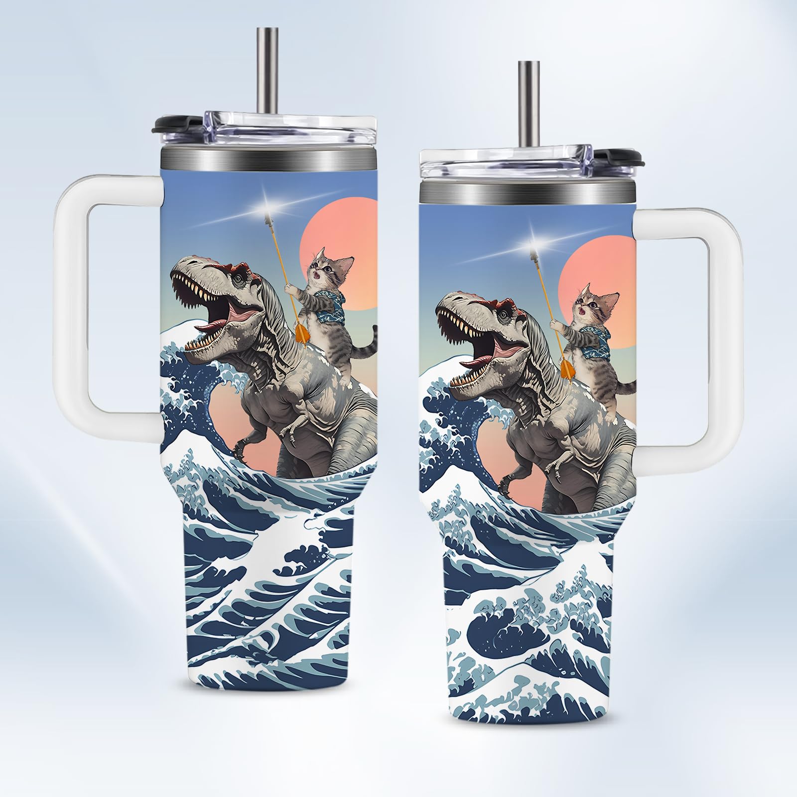 HYMONA Funny Cat Coffee Mugs Fighting Cat Riding Dinosaur Dino Cups for Boys 40oz Cats T-Rex Travel Coffee Tumbler with Handle a