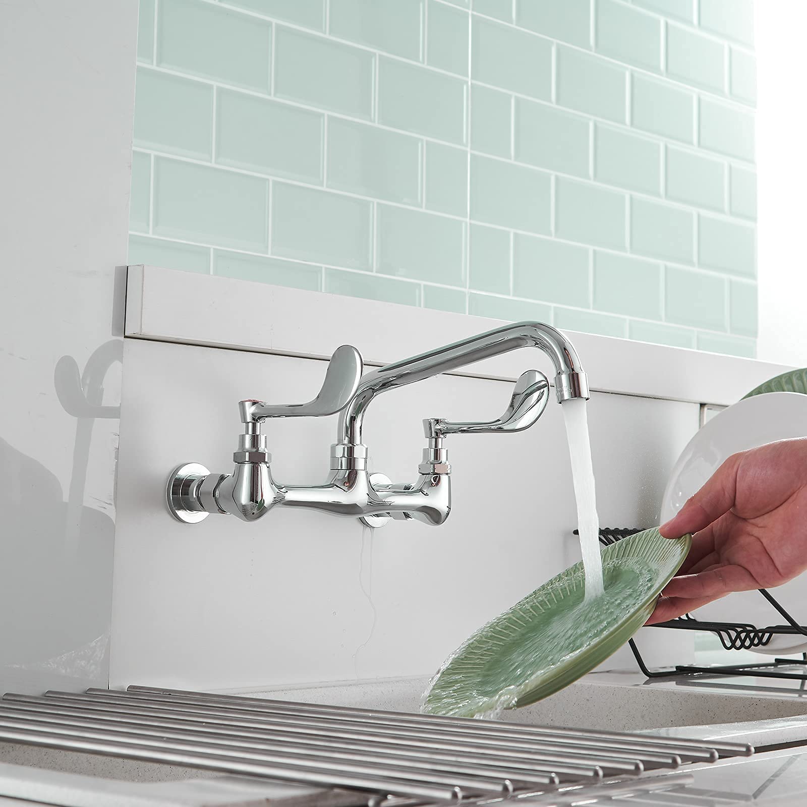 Bwe Kitchen Sink Faucet, Wall Mount Faucet 2 Handle With Swivel Spout 8'' Center Sink Faucet Commercial Polished Chrome Utility