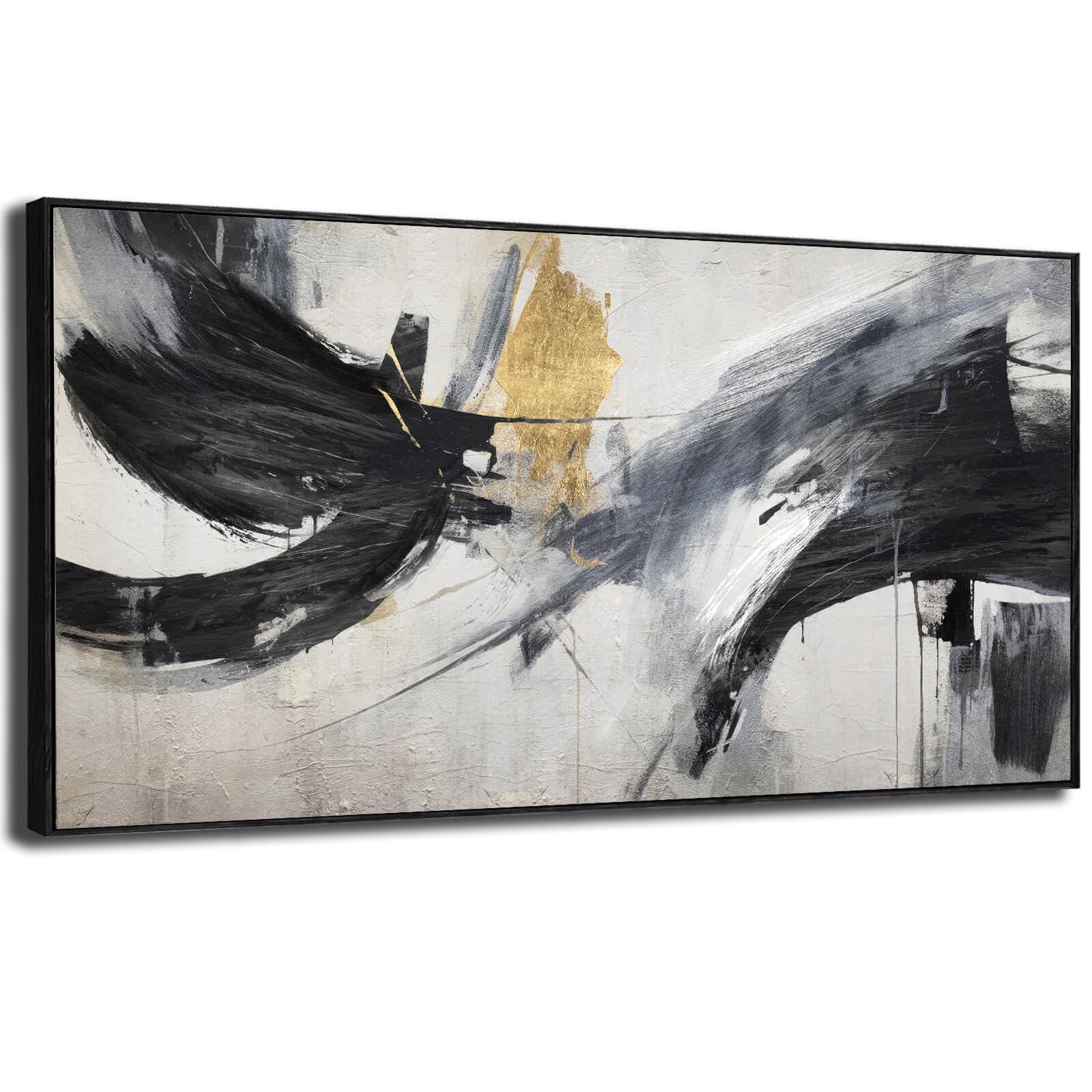Black White Decor Abstract Lines Picture Framed Wall Art Large Wall Decorations Neutral Room Decor 24''X 48'' Painting